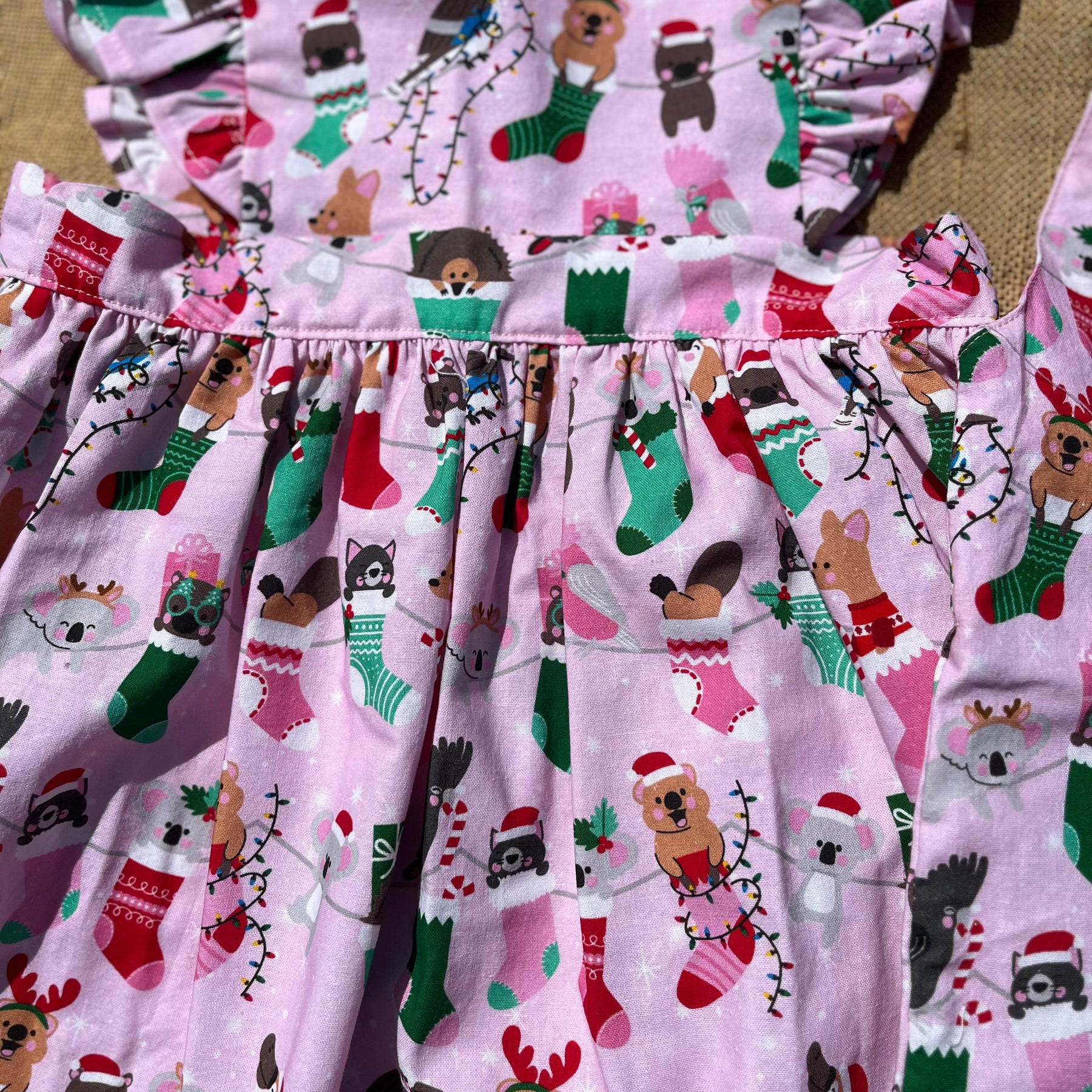 Christmas Pinafore Dress | Handmade Toddler Girls Outfit | Aussie Animals in Stockings