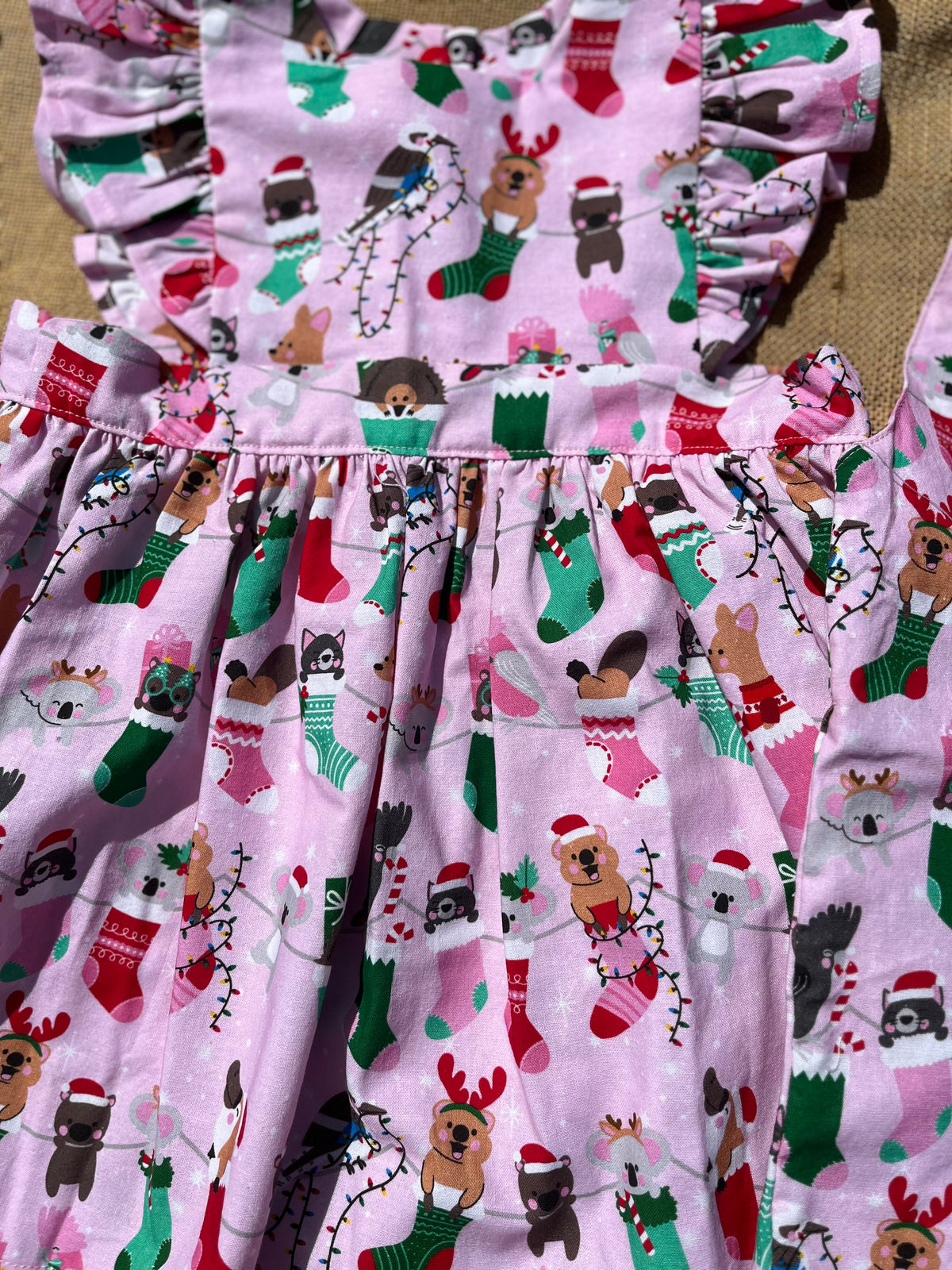 Christmas Pinafore Dress | Handmade Toddler Girls Outfit | Aussie Animals in Stockings