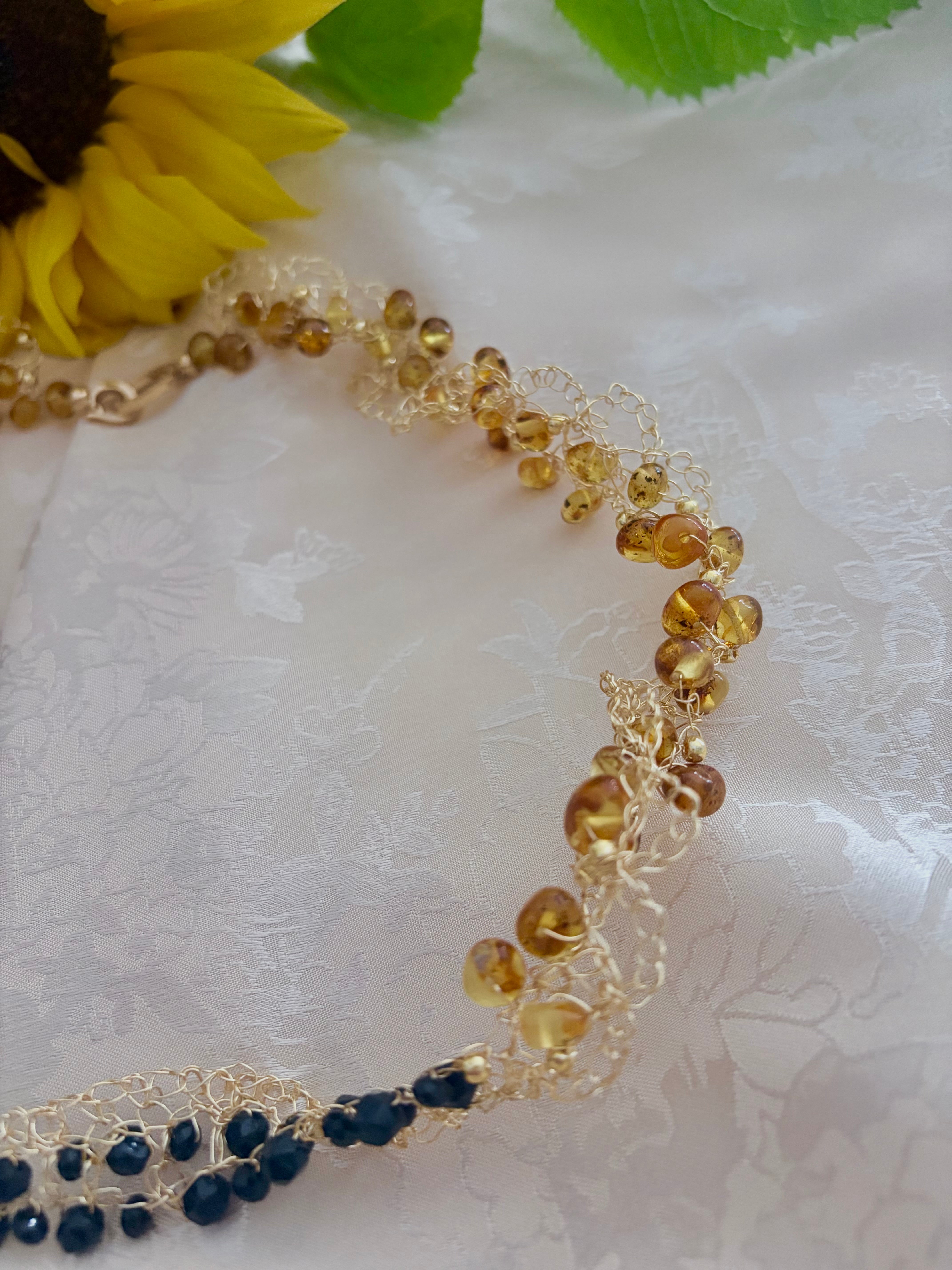 “Sunflower” Necklace — Amber & Black Onyx
