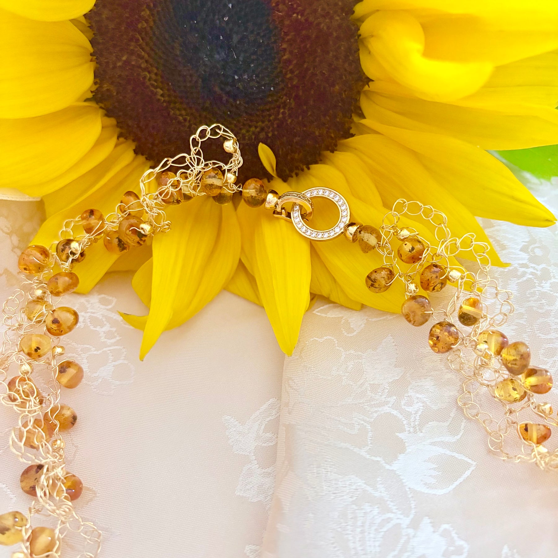 “Sunflower” Necklace — Amber & Black Onyx