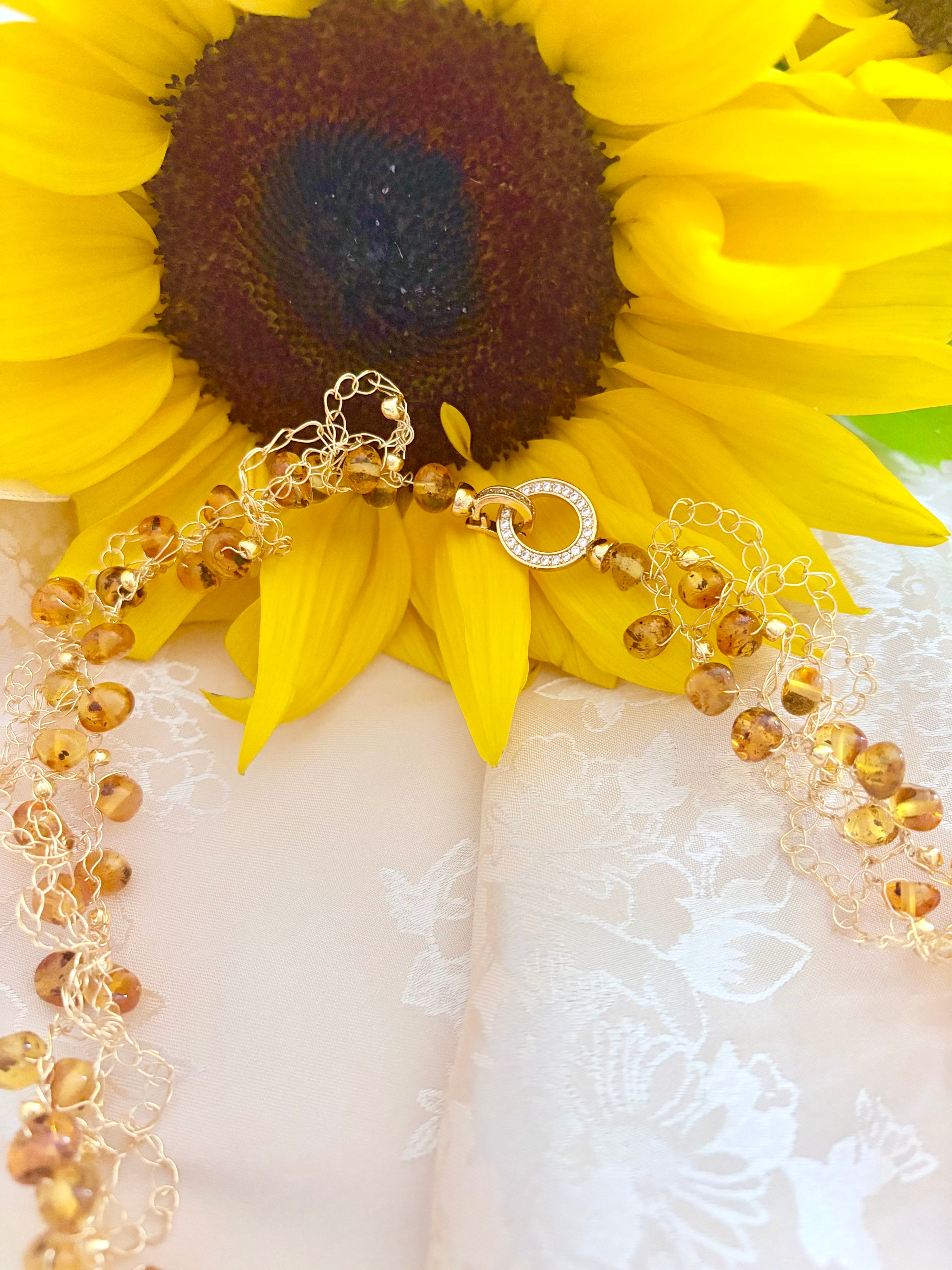 “Sunflower” Necklace — Amber & Black Onyx