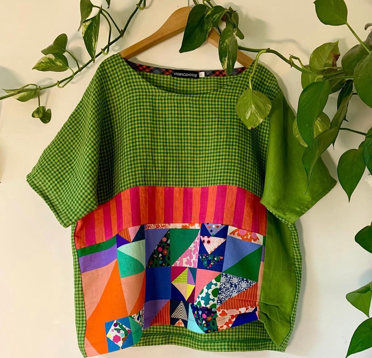 gorgeous patchwork linen top - cotton - large 12-14 - violetclothing - free postage