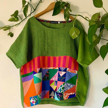gorgeous patchwork linen top - cotton - large 12-14 - violetclothing - free postage