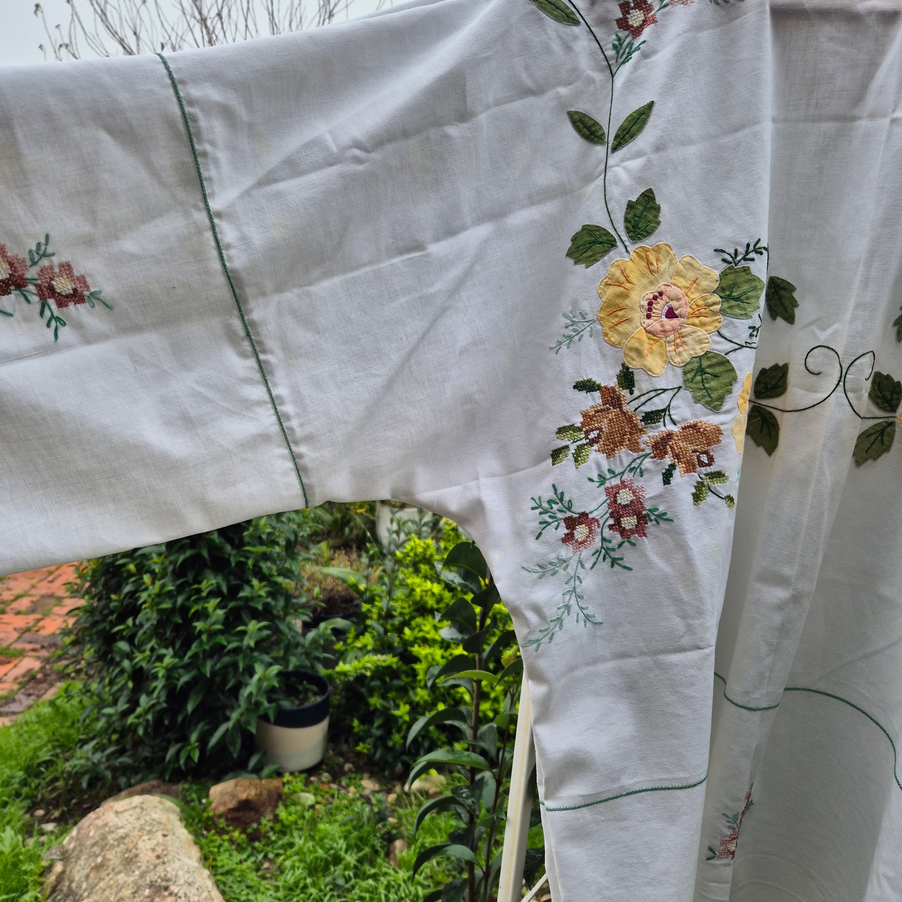 Upcycled Vintage Tablecloth top. Beautiful needlework
