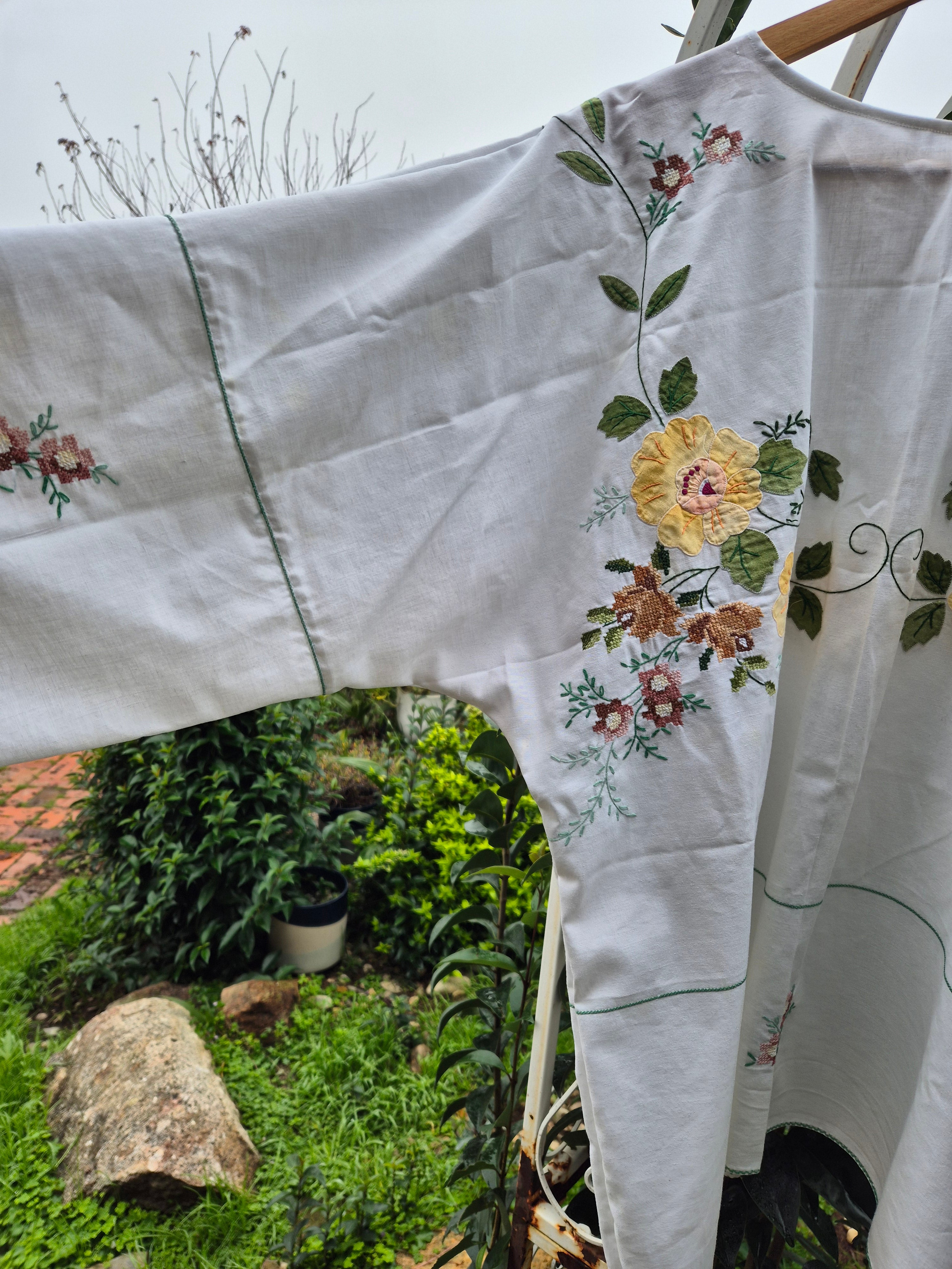 Upcycled Vintage Tablecloth top. Beautiful needlework