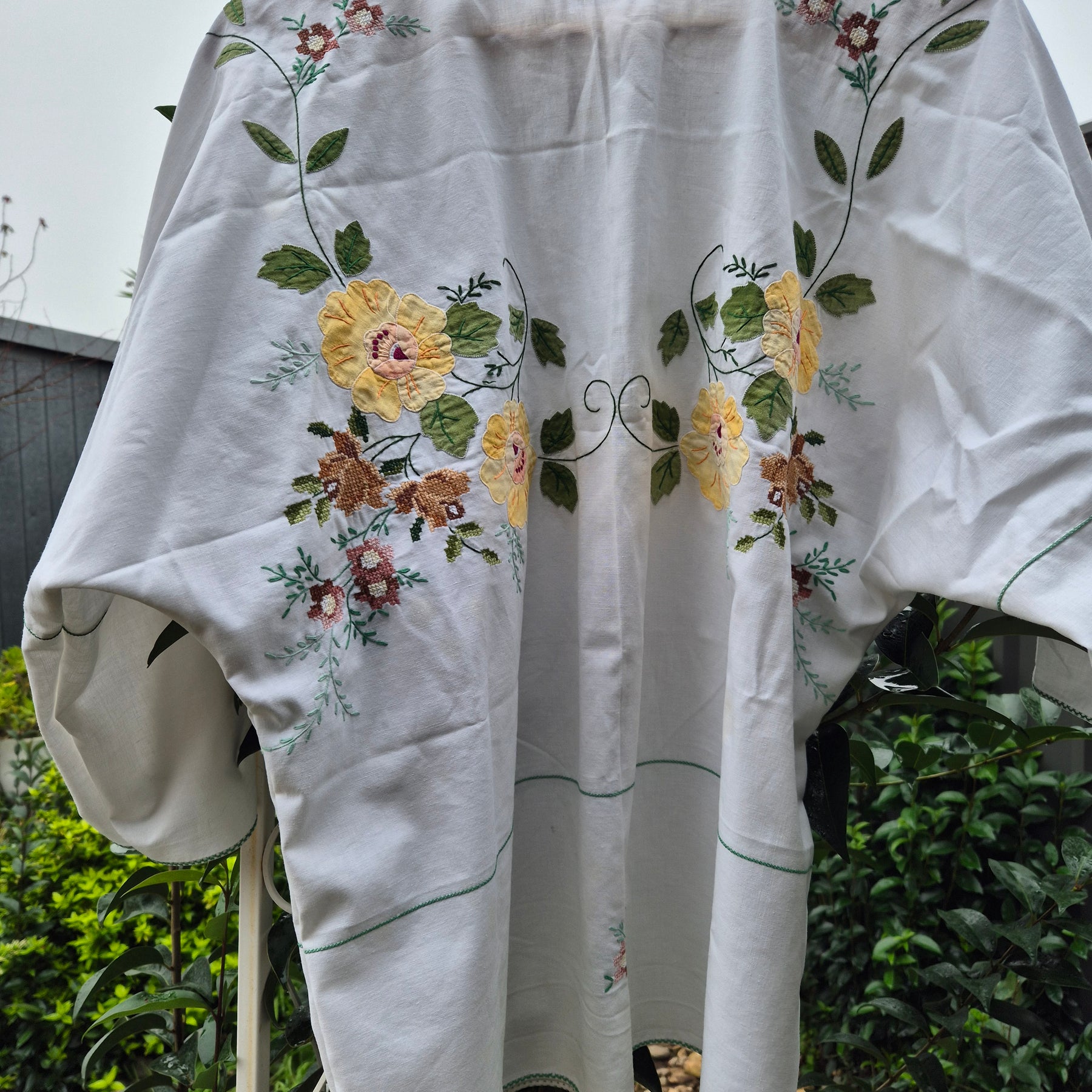 Upcycled Vintage Tablecloth top. Beautiful needlework