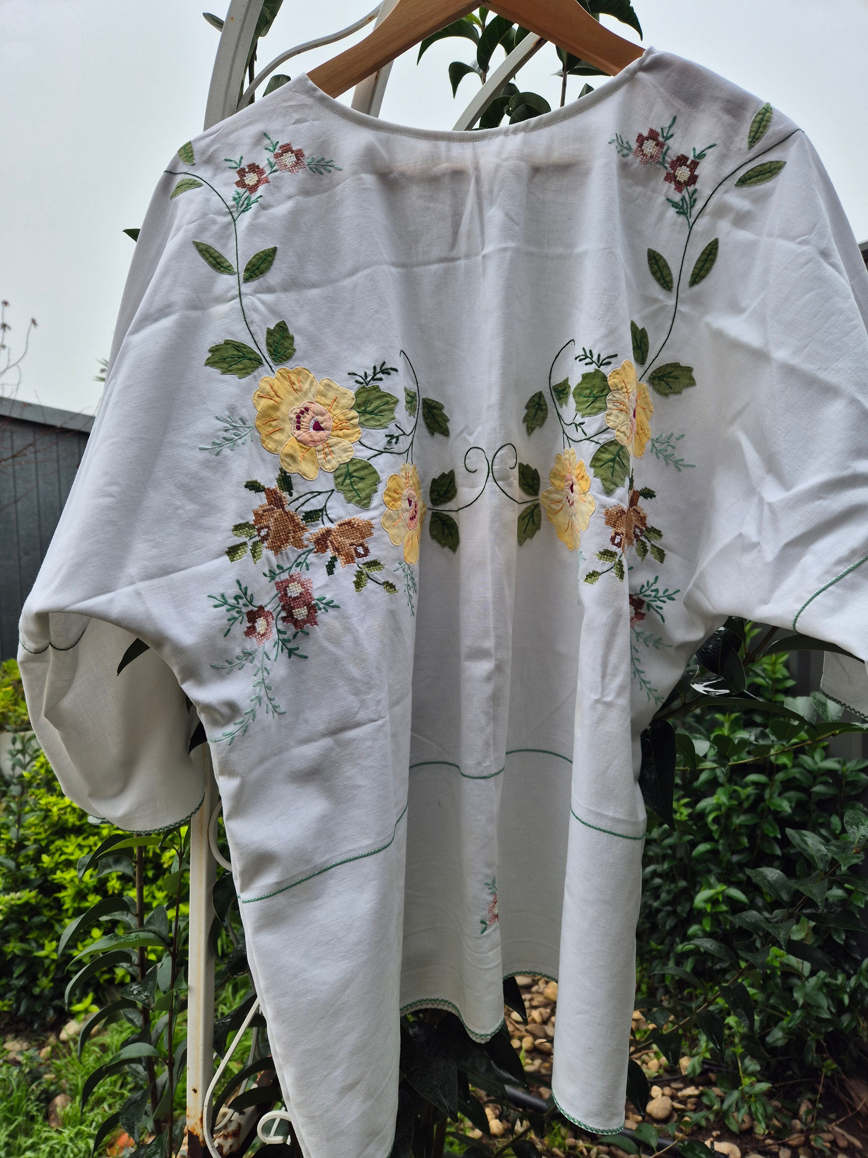 Upcycled Vintage Tablecloth top. Beautiful needlework