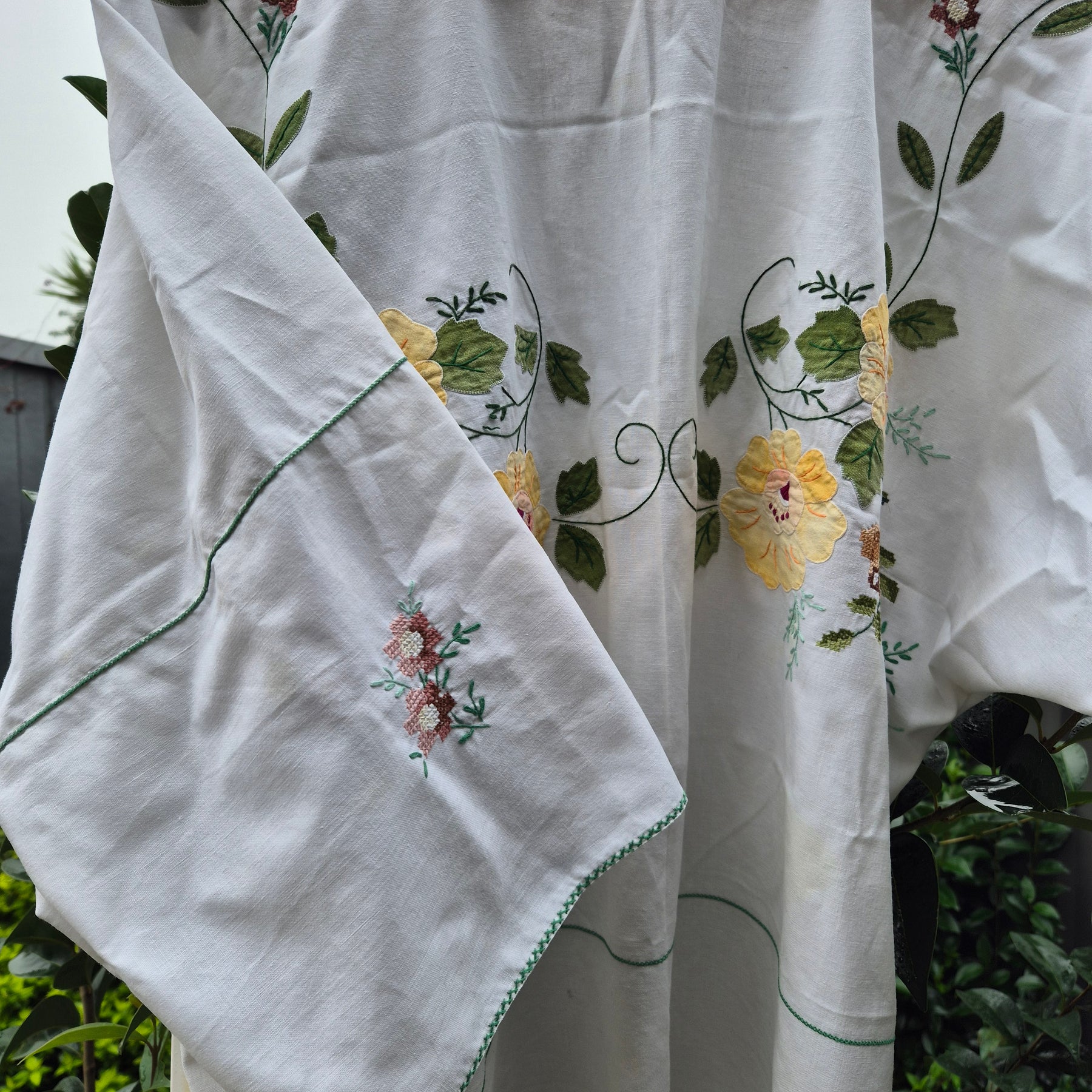 Upcycled Vintage Tablecloth top. Beautiful needlework