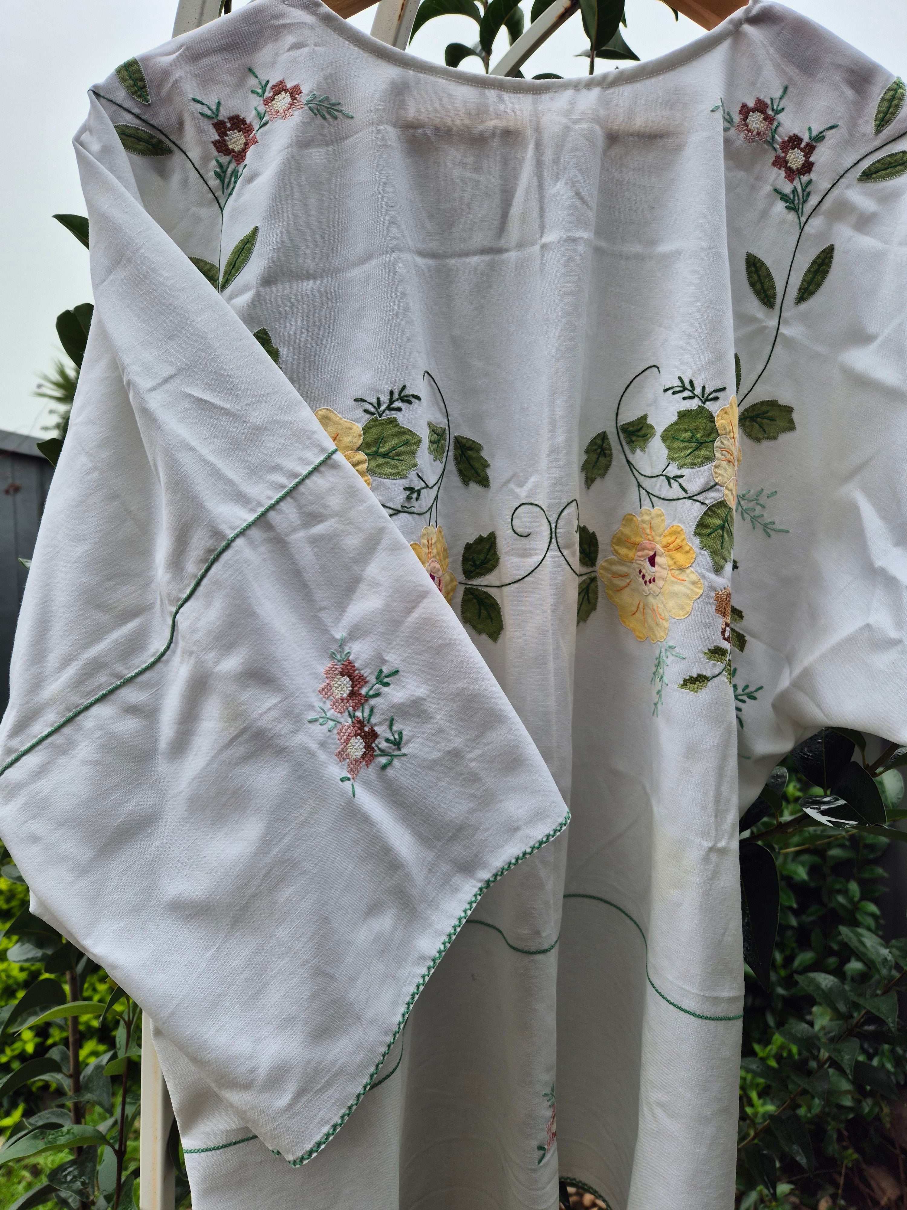 Upcycled Vintage Tablecloth top. Beautiful needlework