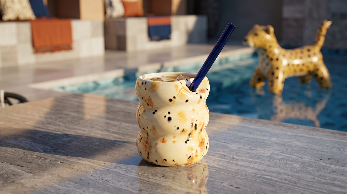 Handcrafted Porcelain Tumbler with Silicon Straw, 600mL Bubble Cup in Safari Glaze