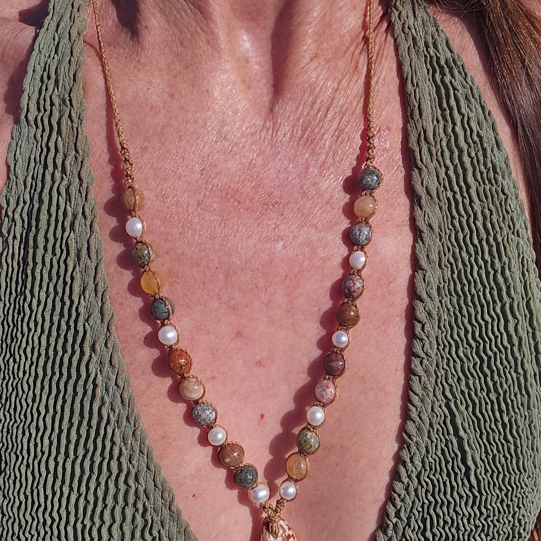 Cone Shell with Rare Ocean Agate & Pearl Necklace