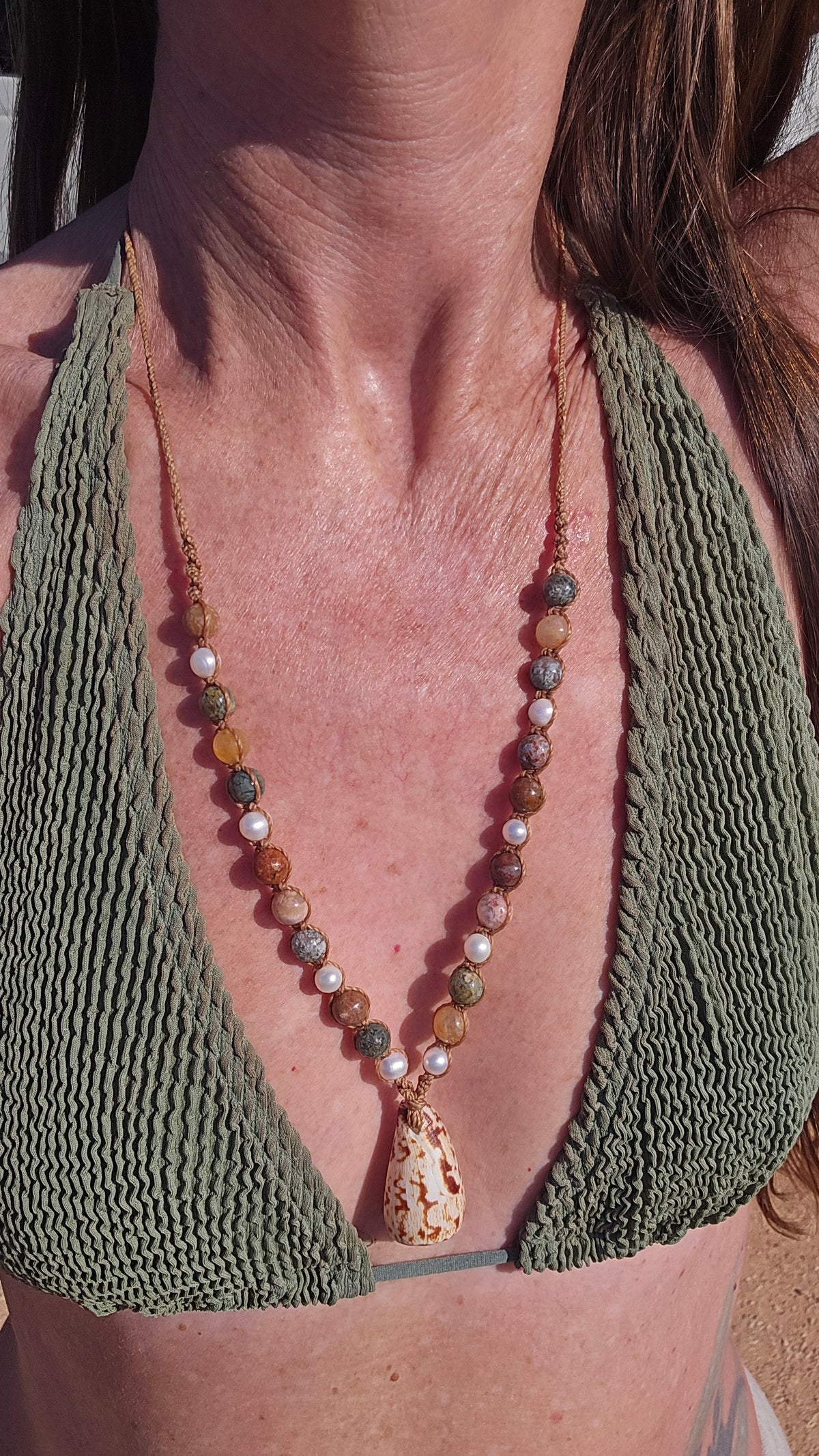 Cone Shell with Rare Ocean Agate & Pearl Necklace