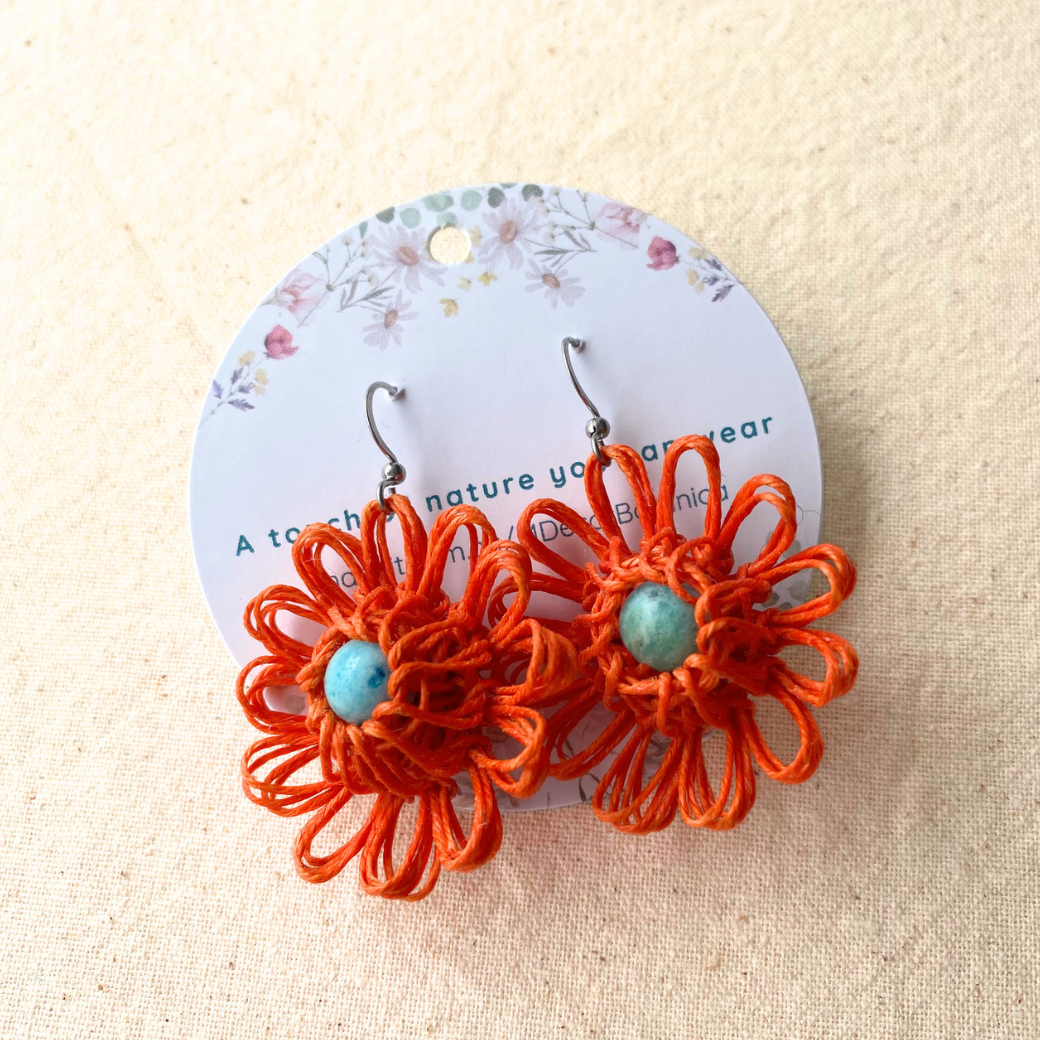 Orange Handmade Flower Earrings - Choose Your Gemstone (Green Aventurine, Carnelian Agate, Hemimorphite)