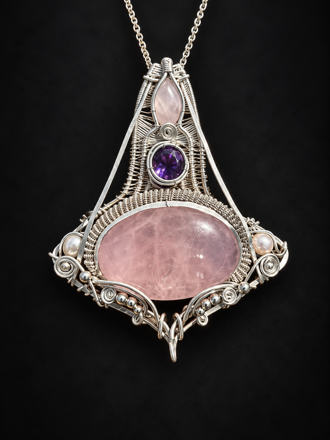 Amethyst/Rose Quartz Crystal silver wire wrap pendant
