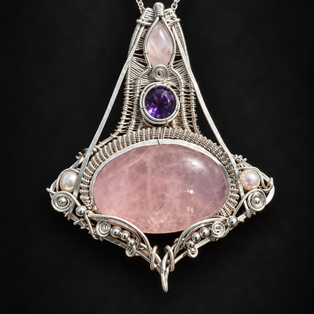Amethyst/Rose Quartz Crystal silver wire wrap pendant