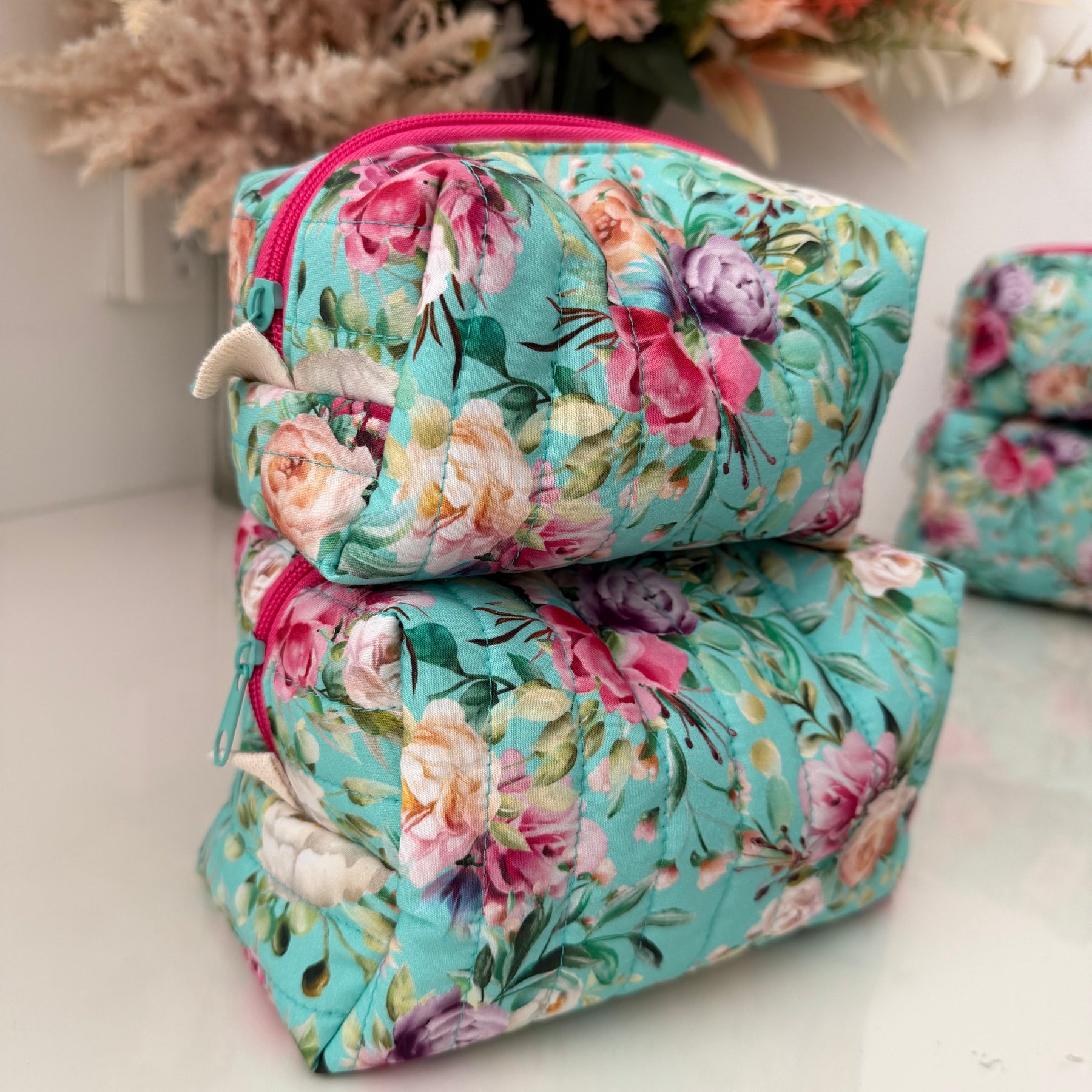 Set of 2 - Boxy Zipper Pouches - Aqua Floral