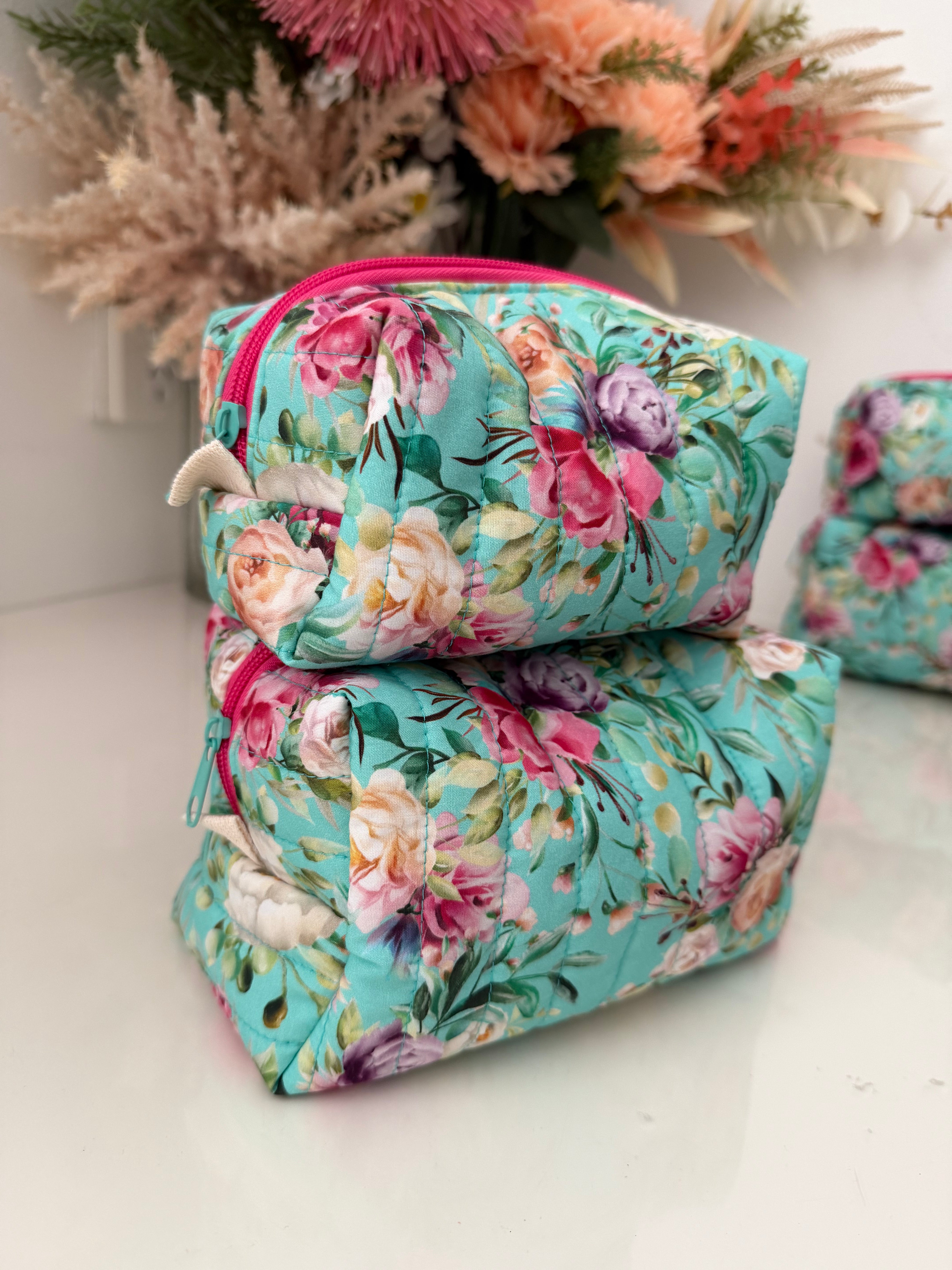 Set of 2 - Boxy Zipper Pouches - Aqua Floral