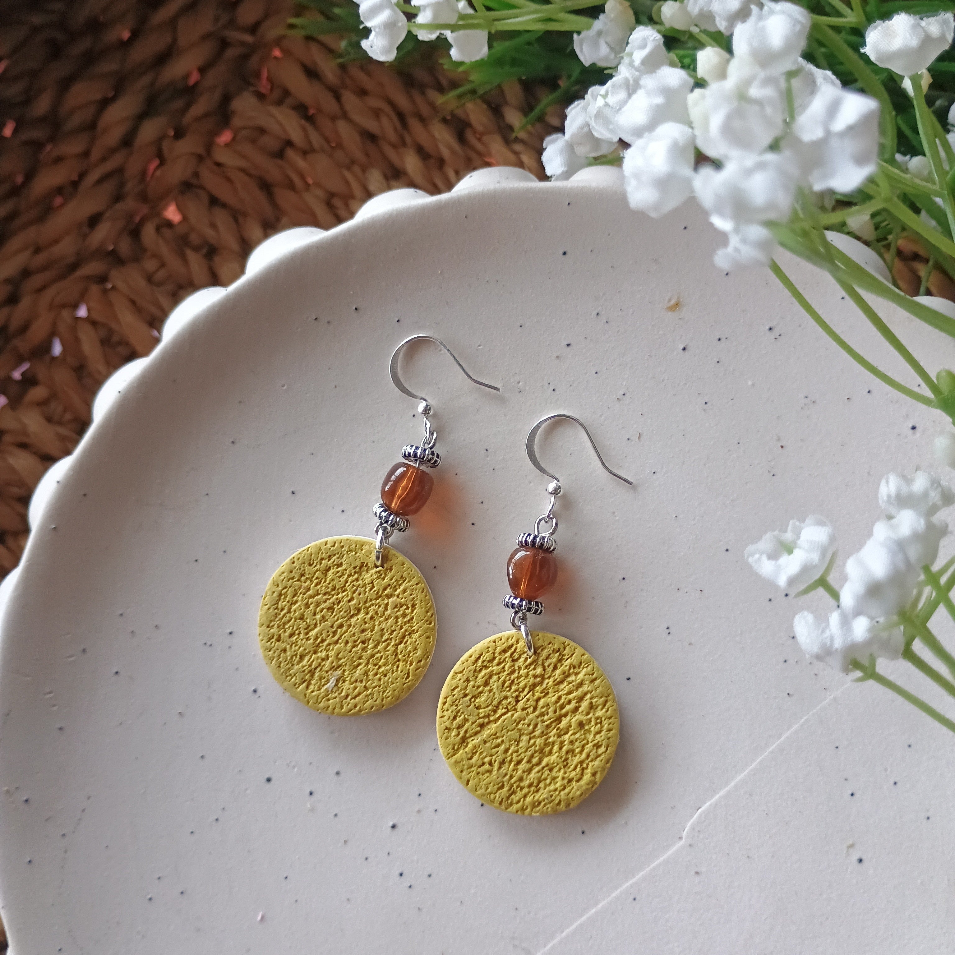 Floral marble print and upcycled beads polymer clay earring