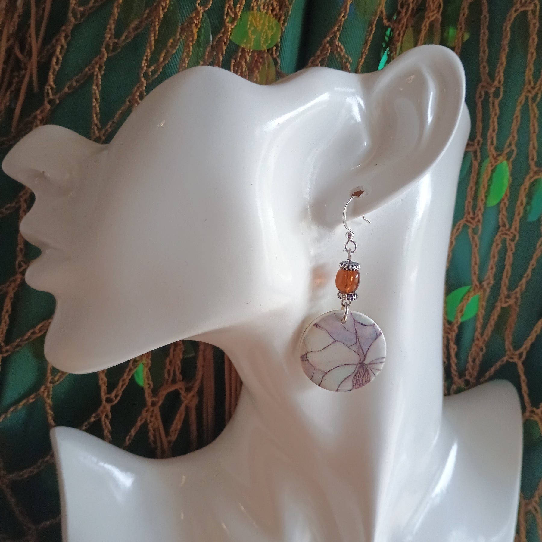 Floral marble print and upcycled beads polymer clay earring