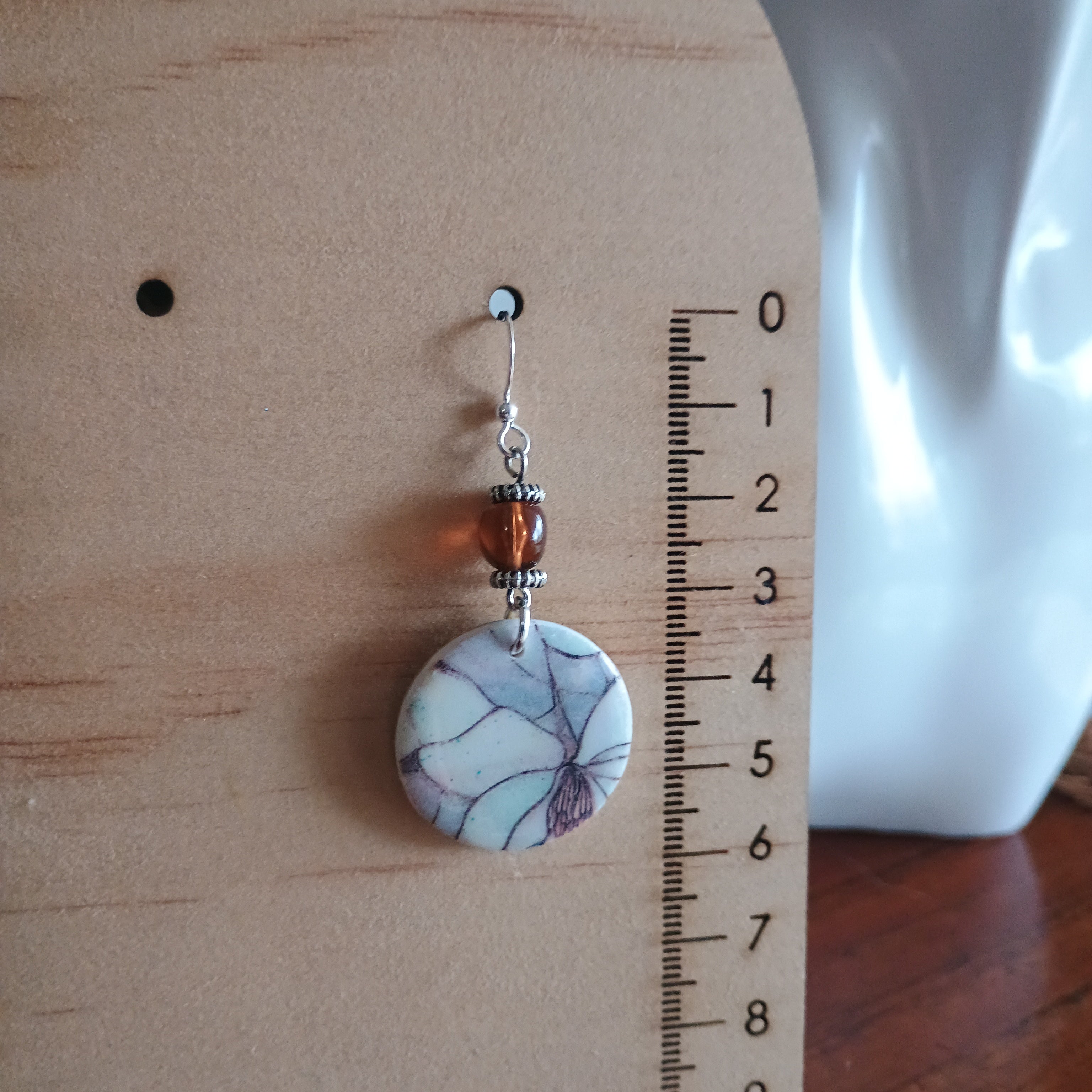 Floral marble print and upcycled beads polymer clay earring