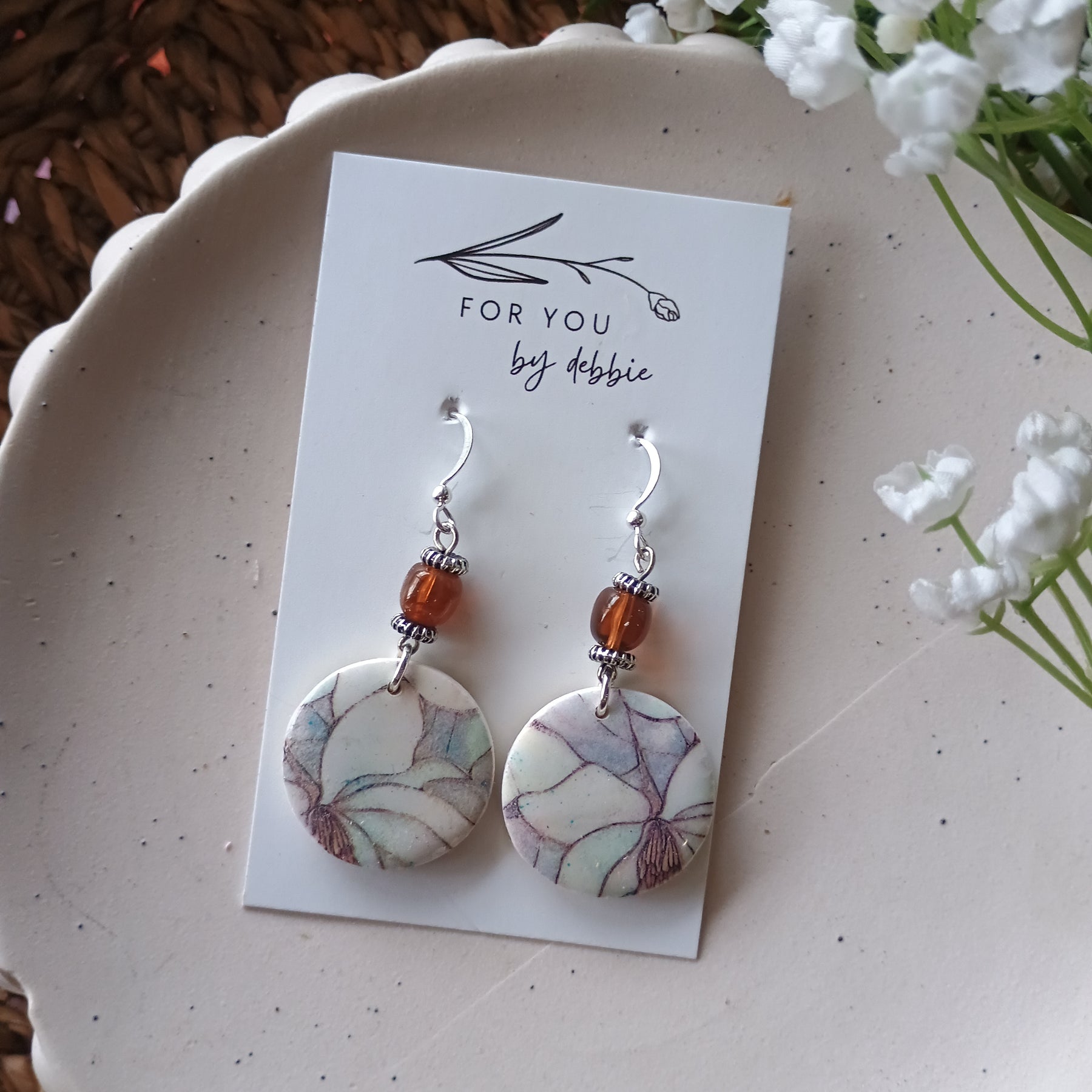 Floral marble print and upcycled beads polymer clay earring