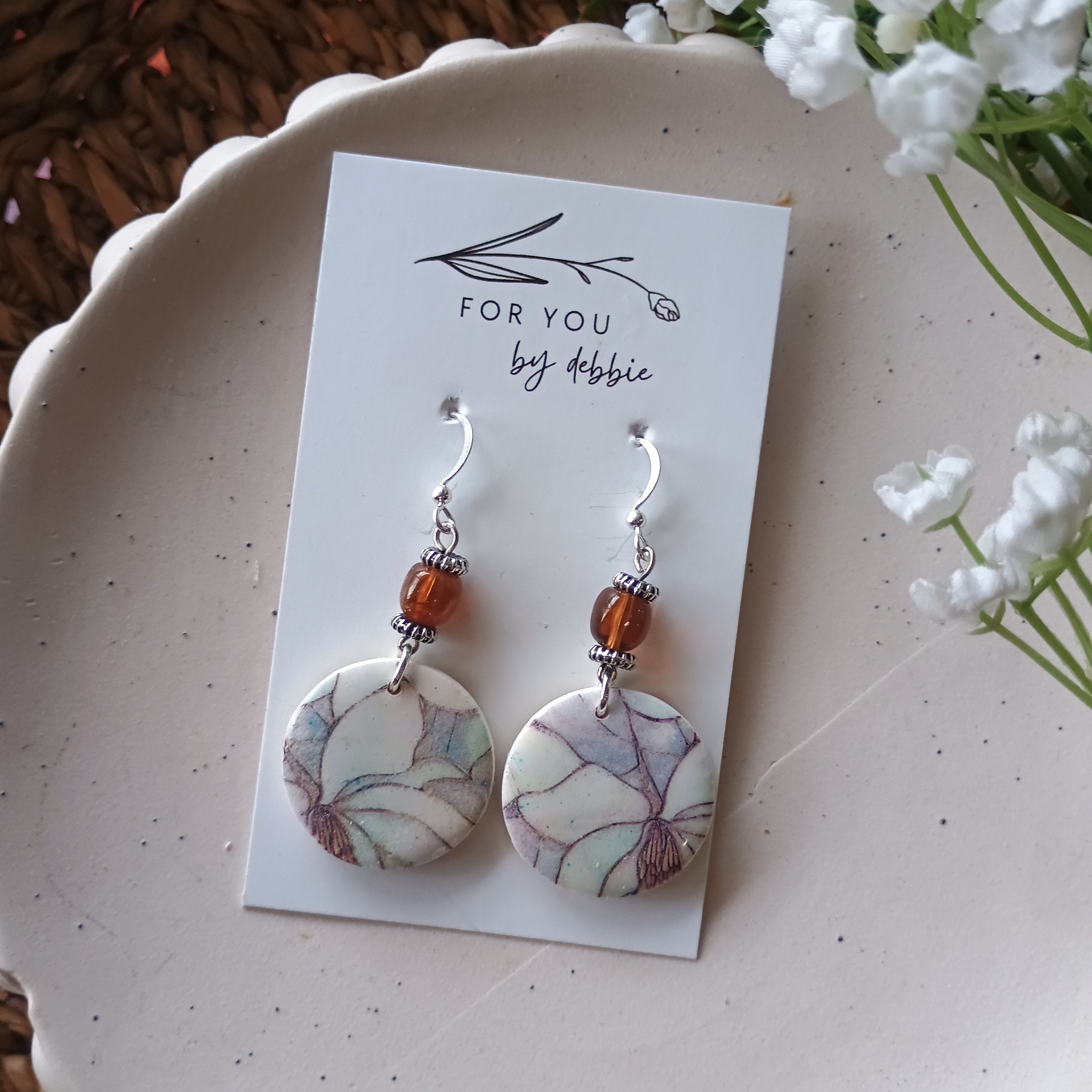 Floral marble print and upcycled beads polymer clay earring