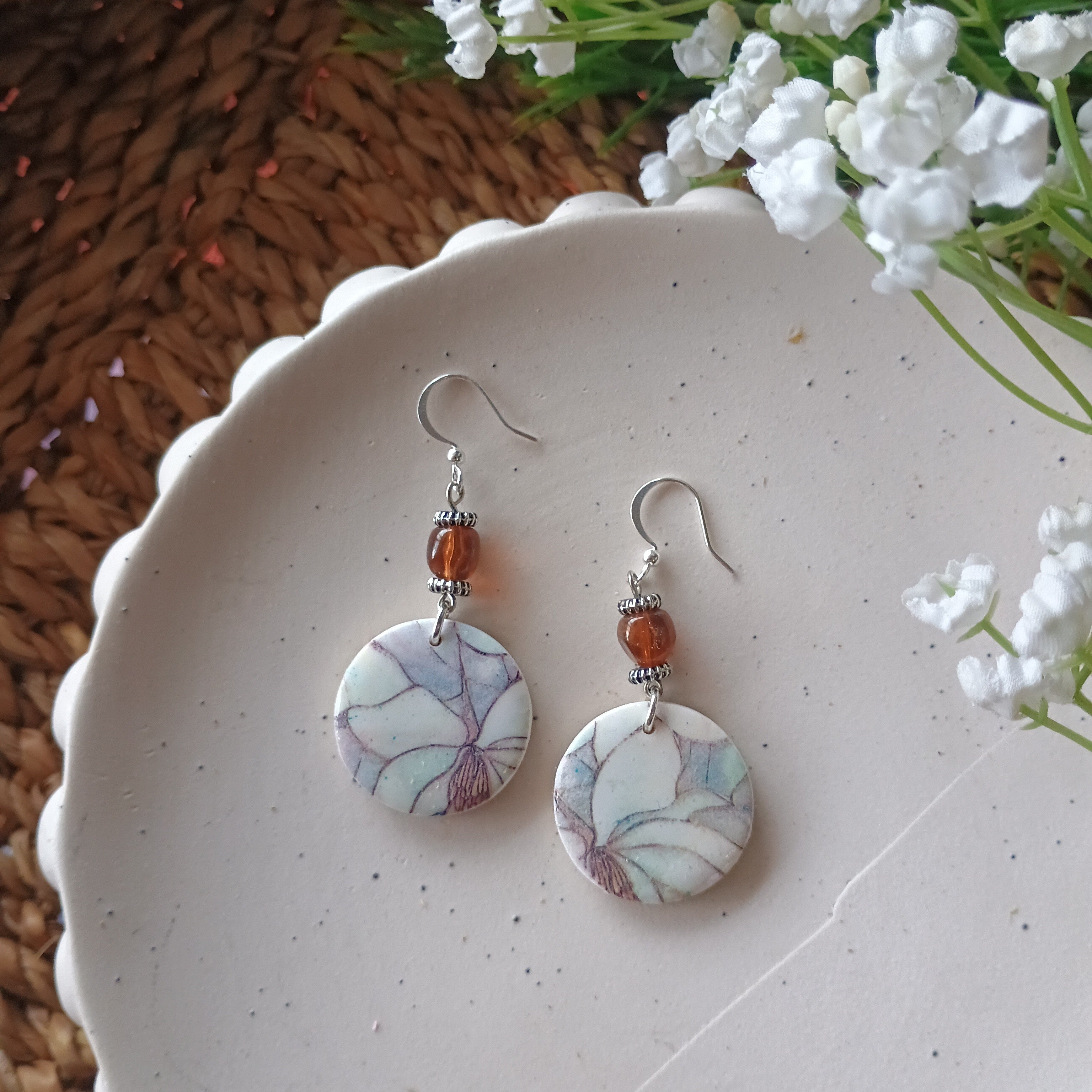 Floral marble print and upcycled beads polymer clay earring