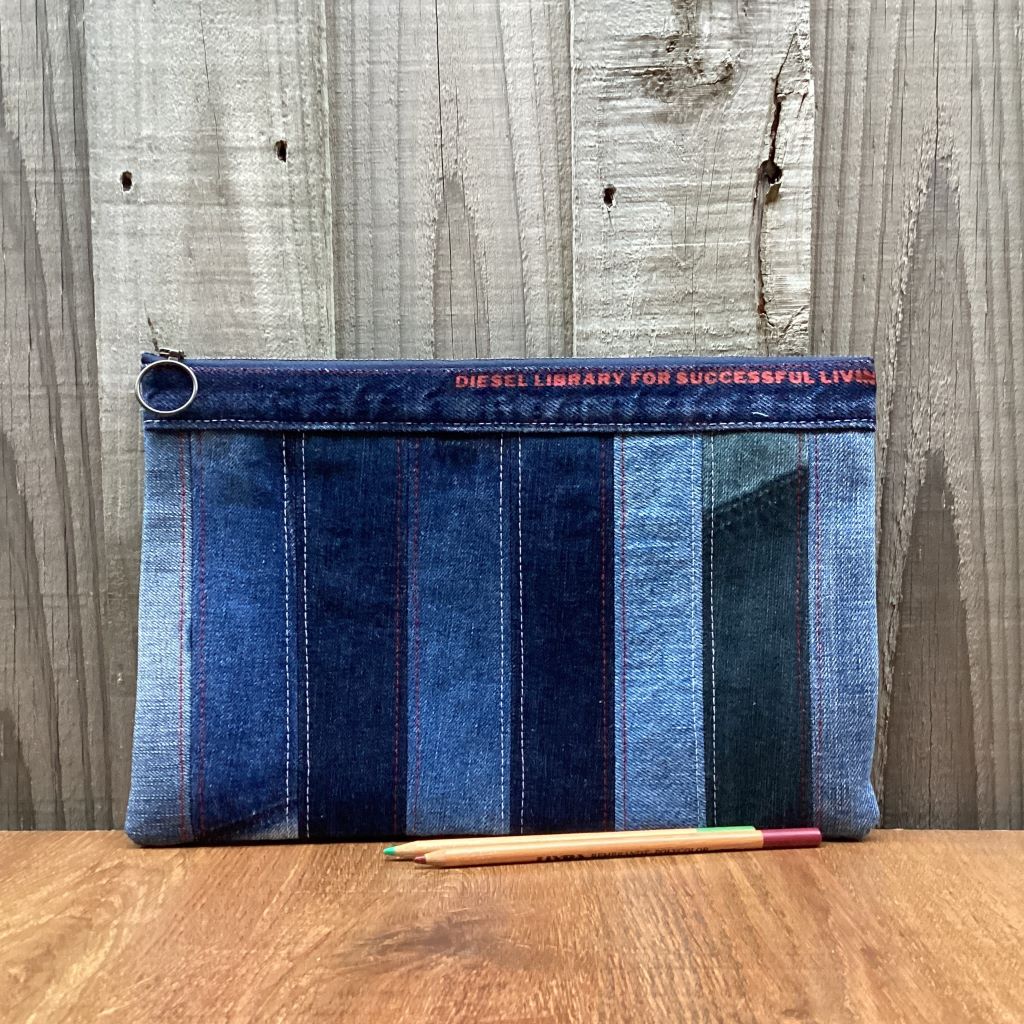 Large Upcycled Denim Pencil Case - Stripes