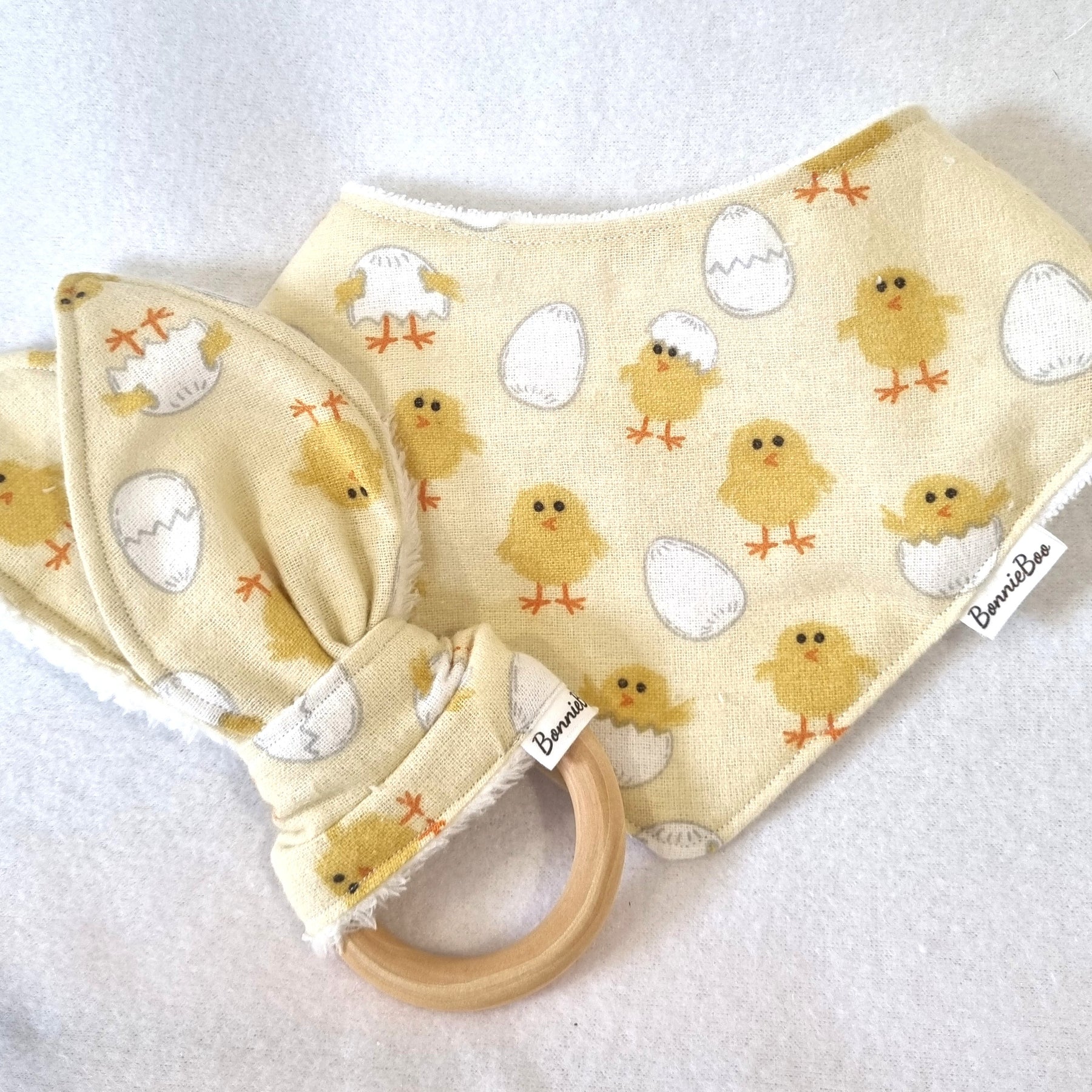 Handmade - Yellow Chicken Themed - 3 options available - Taggy, Bib and Teething Ring - BB04