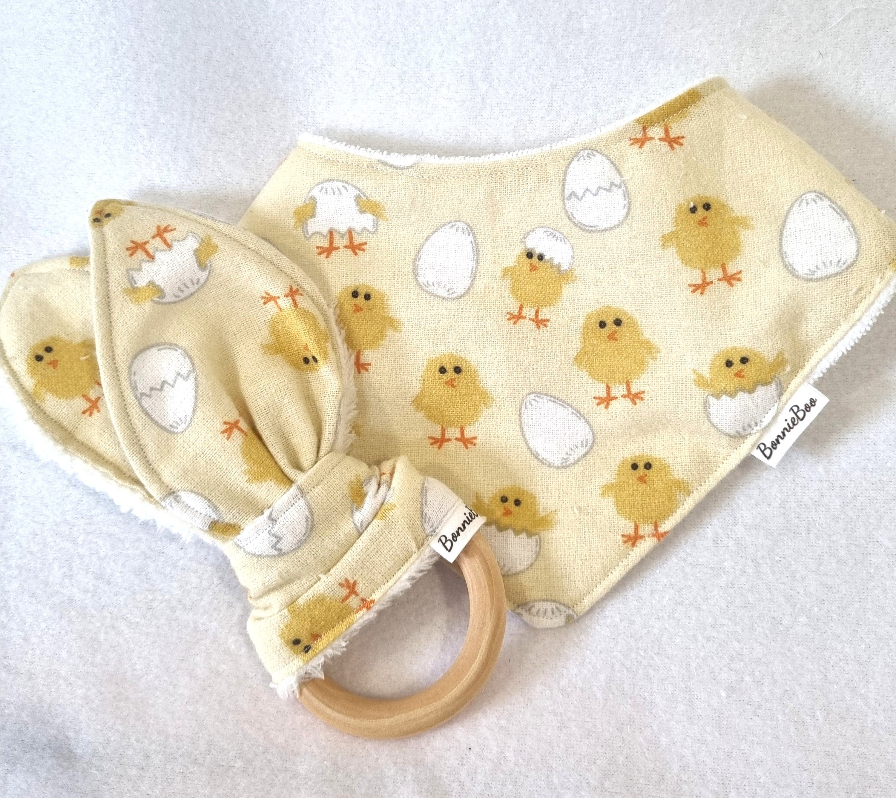 Handmade - Yellow Chicken Themed - 3 options available - Taggy, Bib and Teething Ring - BB04