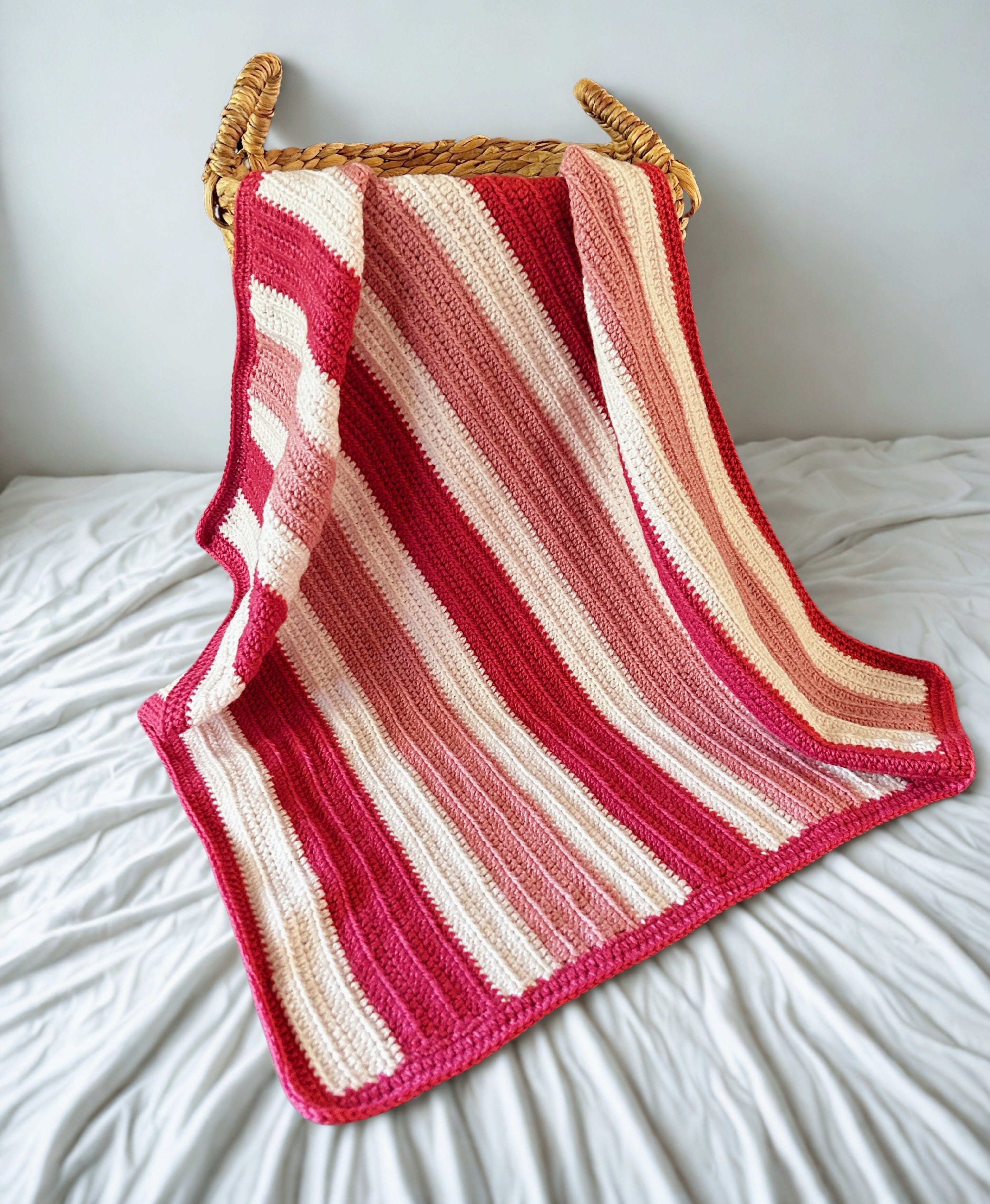 Handmade Crochet Baby Blanket – Pink & Cream Striped Baby Blanket, Soft Newborn Gift