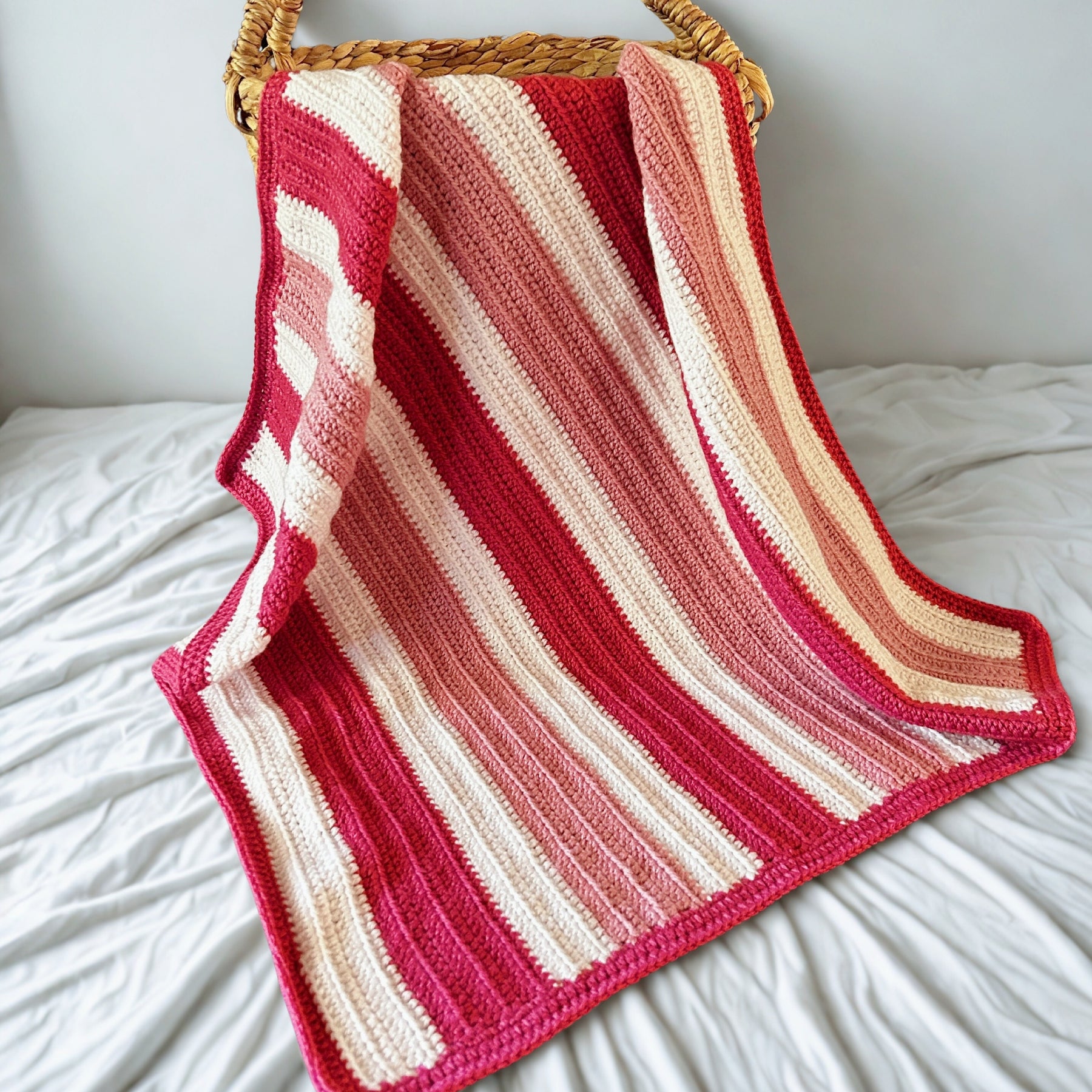 Handmade Crochet Baby Blanket – Pink & Cream Striped Baby Blanket, Soft Newborn Gift