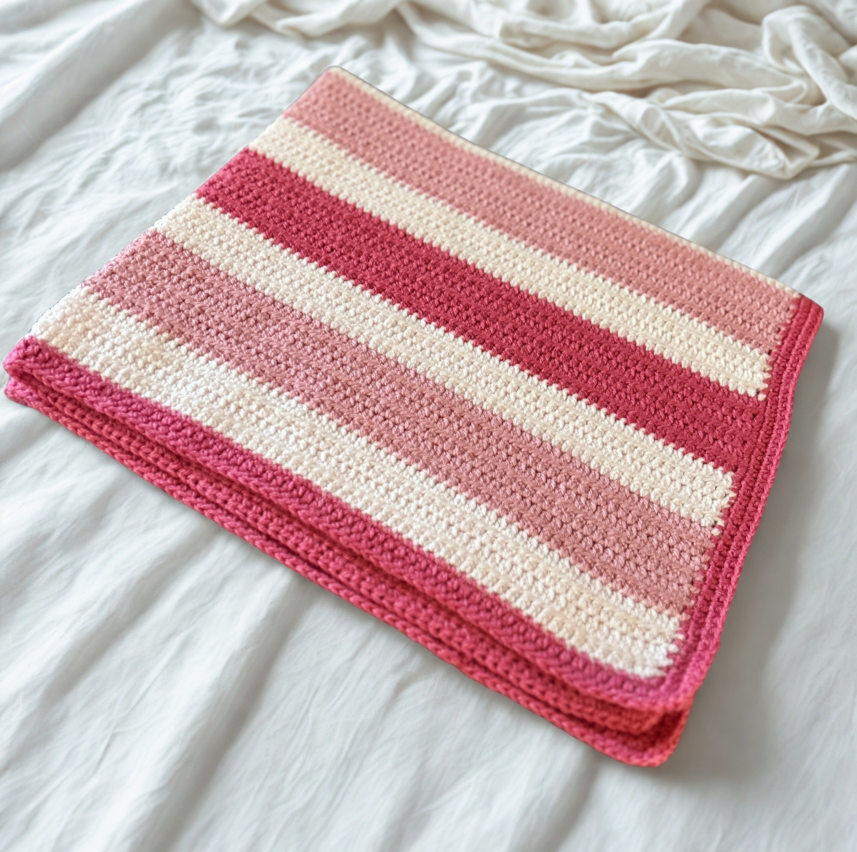 Handmade Crochet Baby Blanket – Pink & Cream Striped Baby Blanket, Soft Newborn Gift