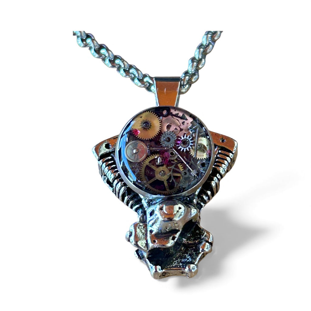 Steampunk watch parts motorcycle engine necklace