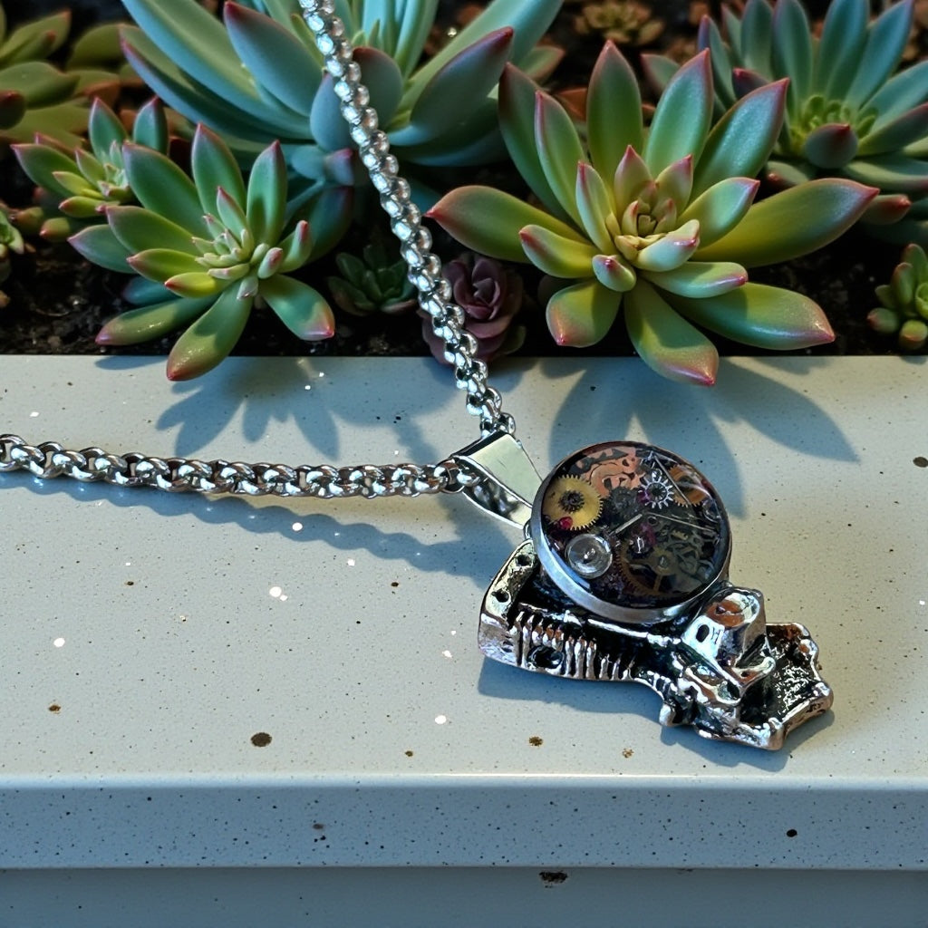 Steampunk watch parts motorcycle engine necklace