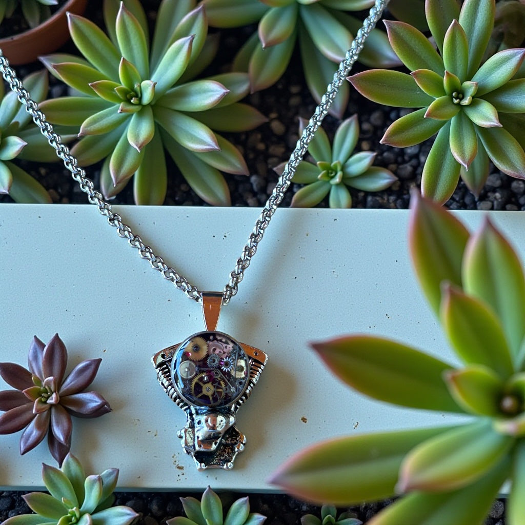 Steampunk watch parts motorcycle engine necklace