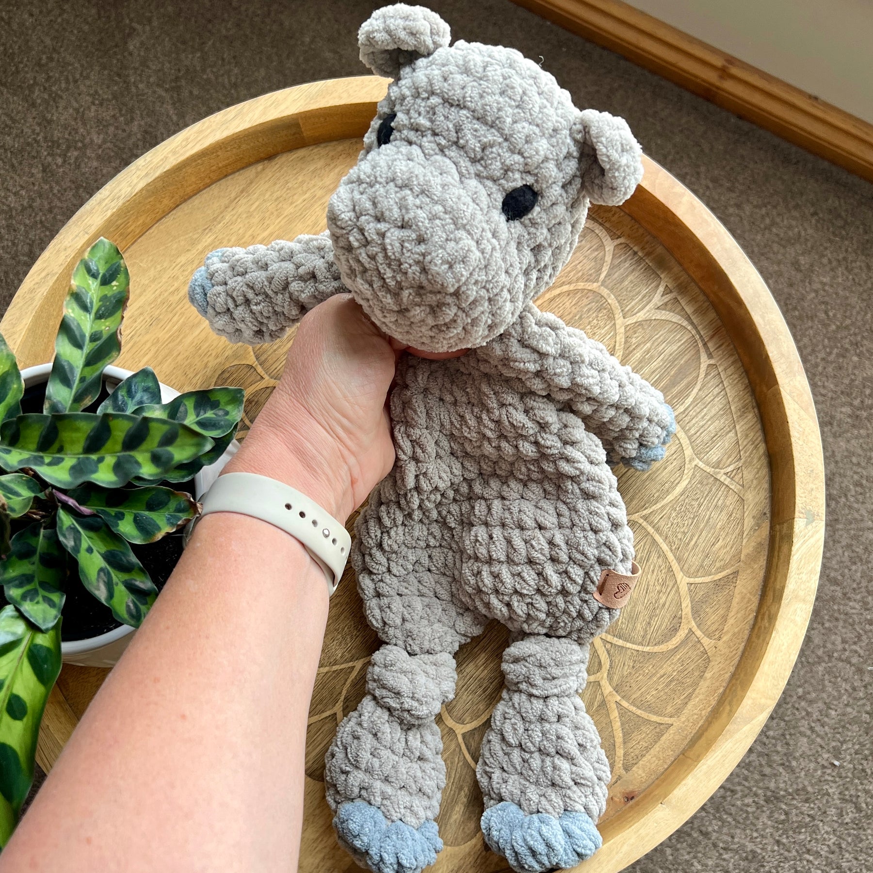 Handmade modern crochet Hippo lovey toy snuggler plushie.
