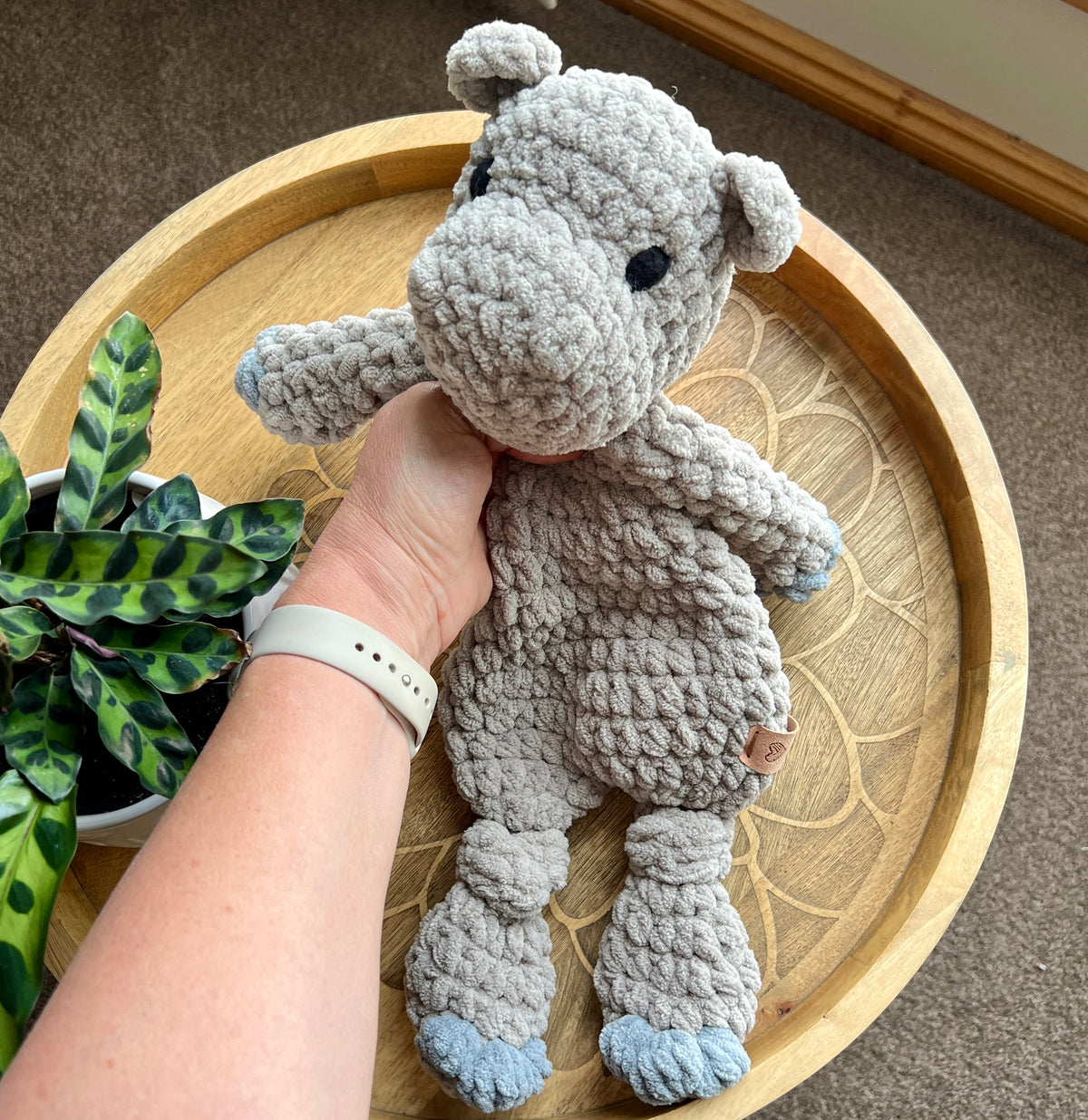 Handmade modern crochet Hippo lovey toy snuggler plushie.