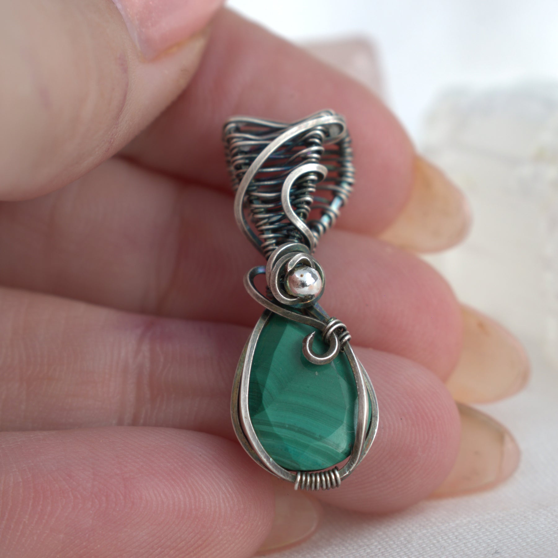 Malachite Keepsake Pendant in Hand-wrapped in Antiqued Silver