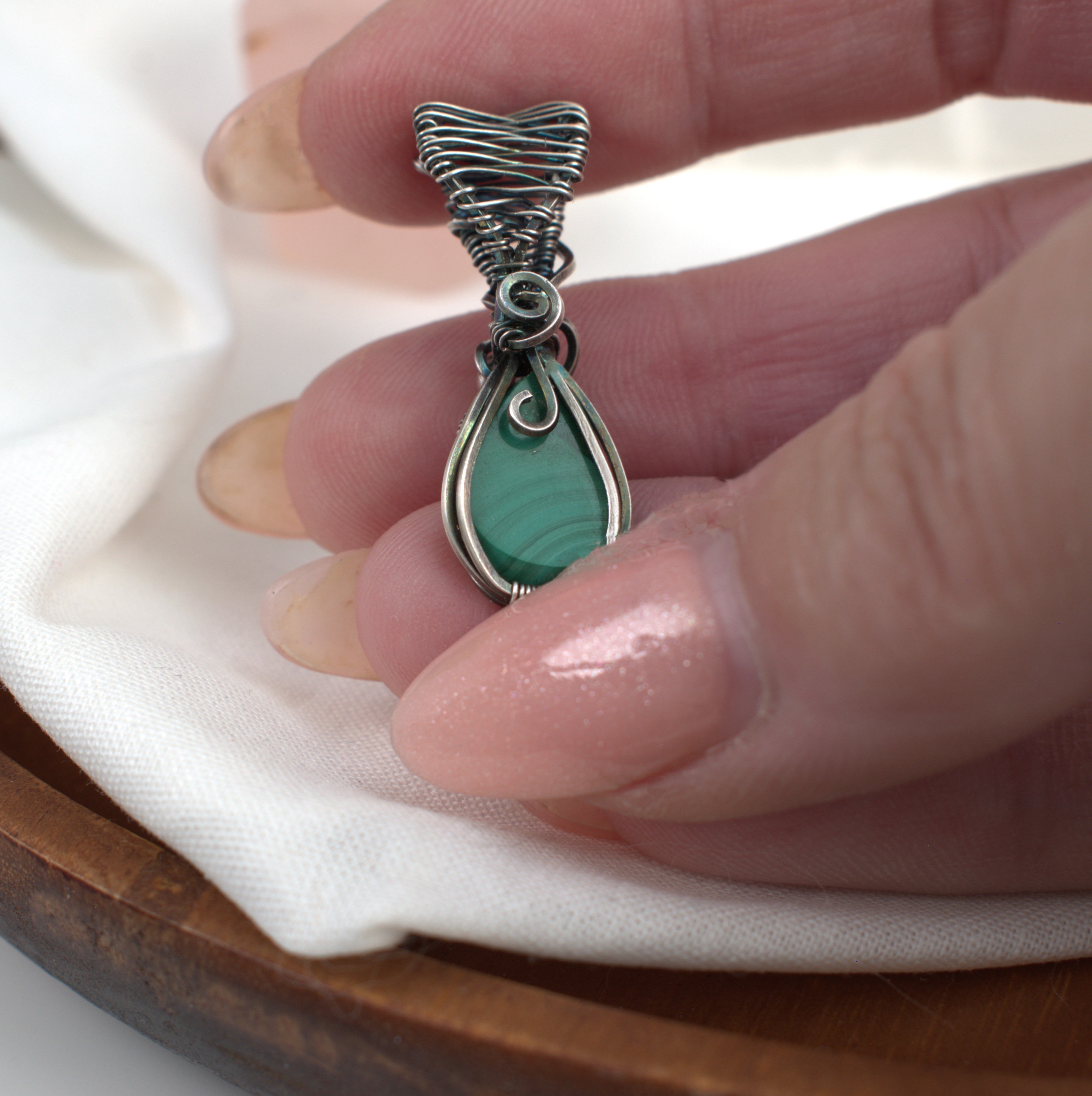 Malachite Keepsake Pendant in Hand-wrapped in Antiqued Silver