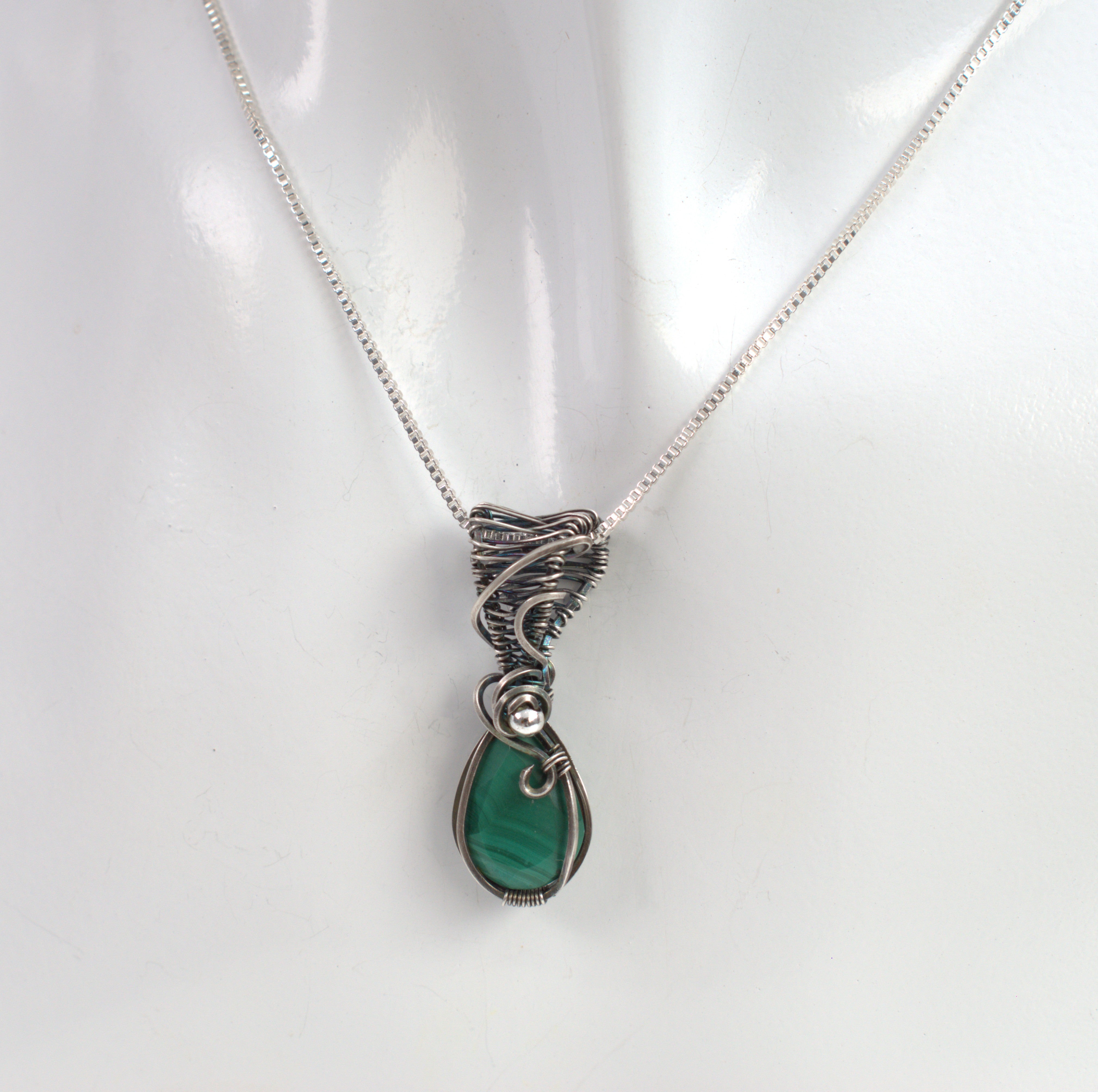 Malachite Keepsake Pendant in Hand-wrapped in Antiqued Silver