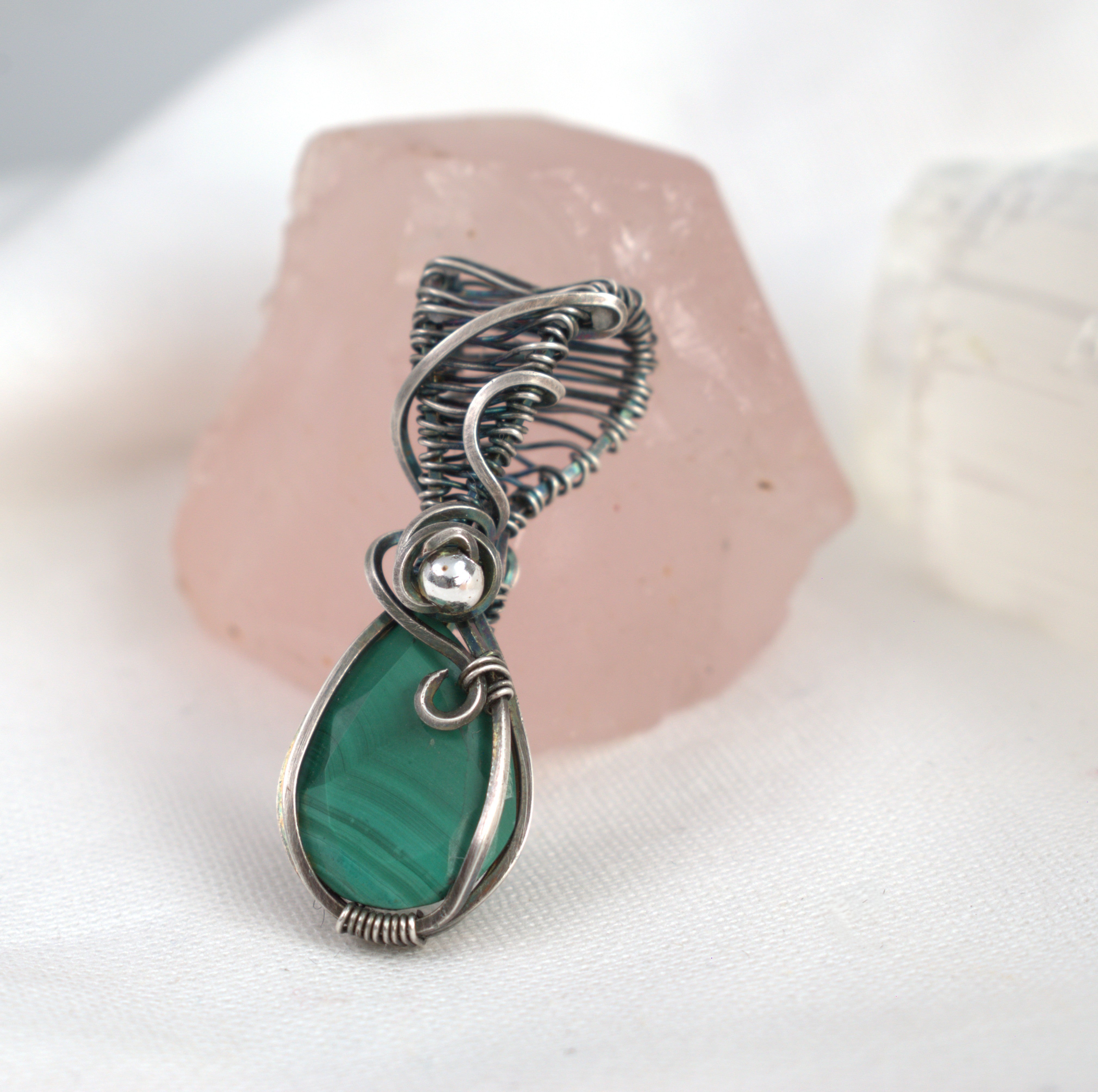Malachite Keepsake Pendant in Hand-wrapped in Antiqued Silver
