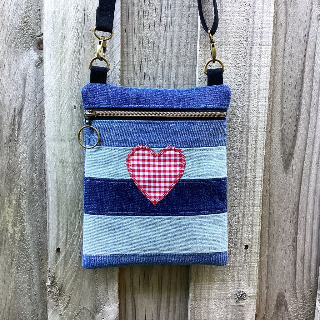 Upcycled Denim Crossbody Bag - Red Gingham Heart