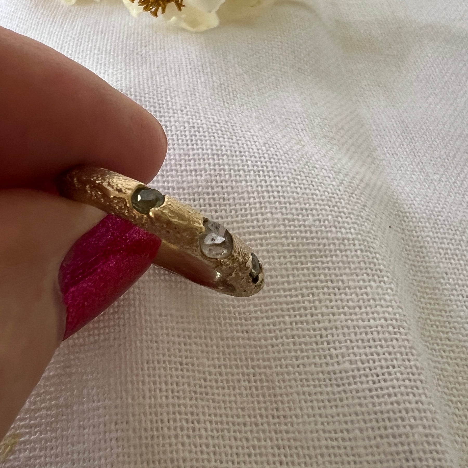 “Coastal Grass” - 9ct recycled gold ring (Size “R”) with Queensland Sapphires & Topaz