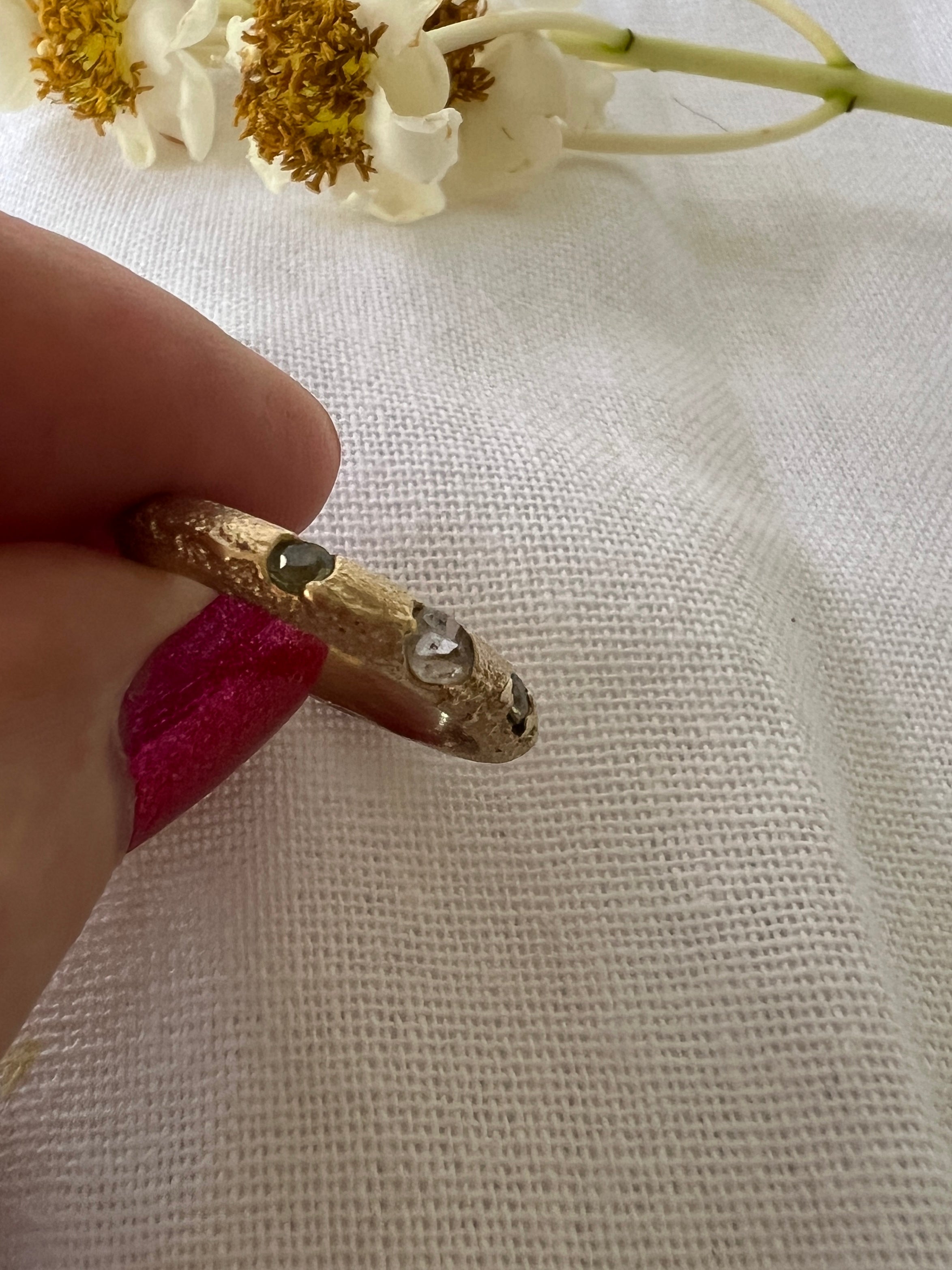 “Coastal Grass” - 9ct recycled gold ring (Size “R”) with Queensland Sapphires & Topaz