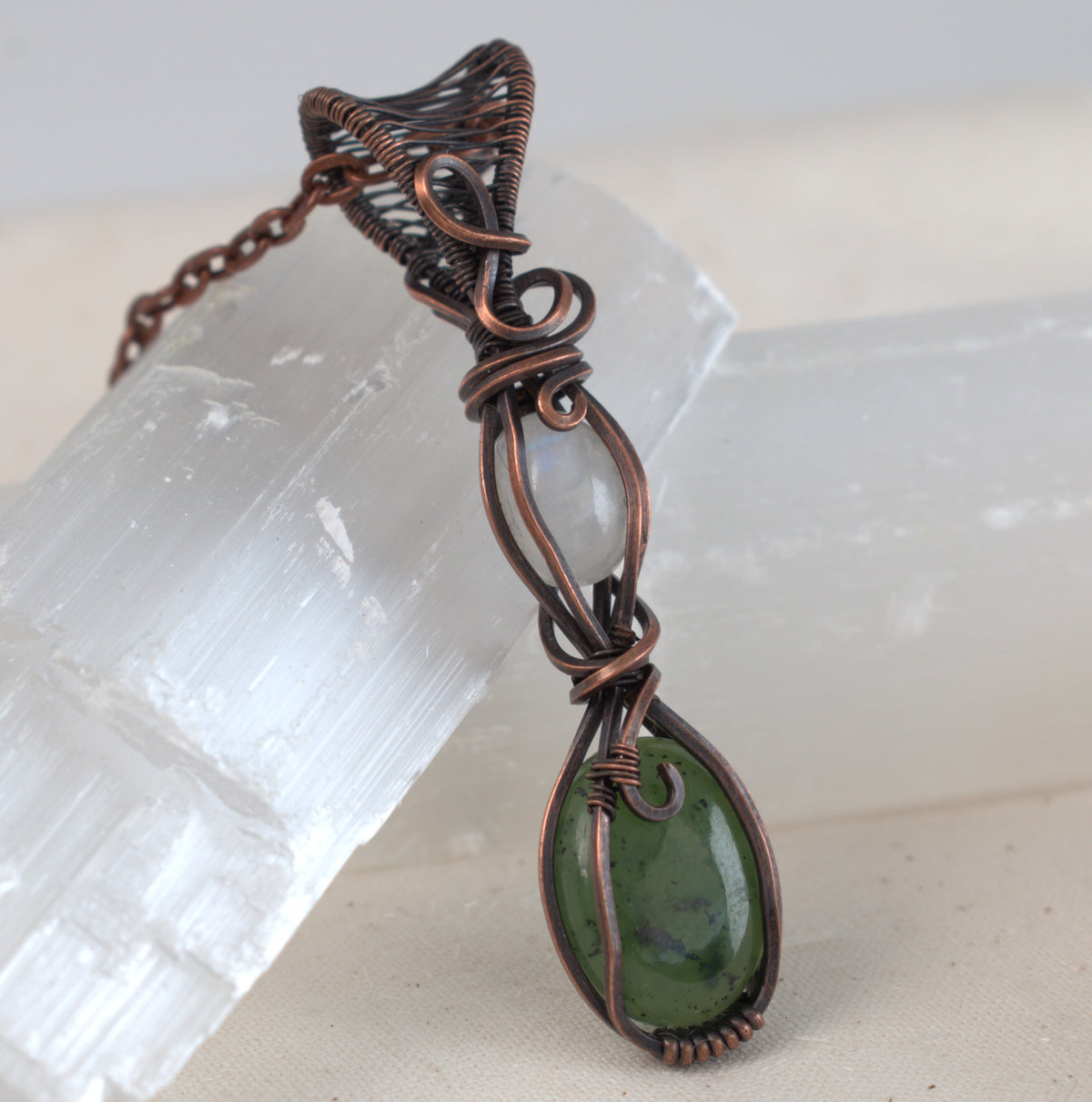 Moonlit Grove – Nephrite & Rainbow Moonstone Copper Pendant