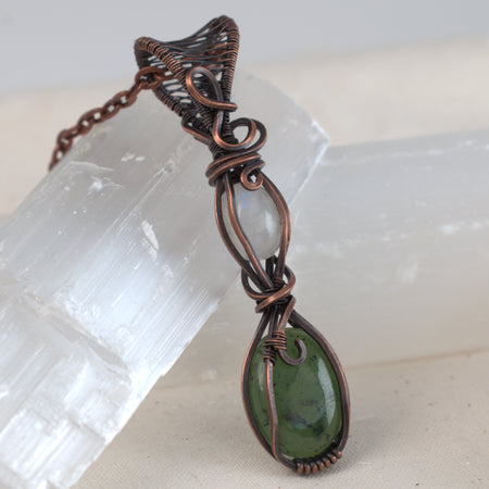 Moonlit Grove – Nephrite & Rainbow Moonstone Copper Pendant