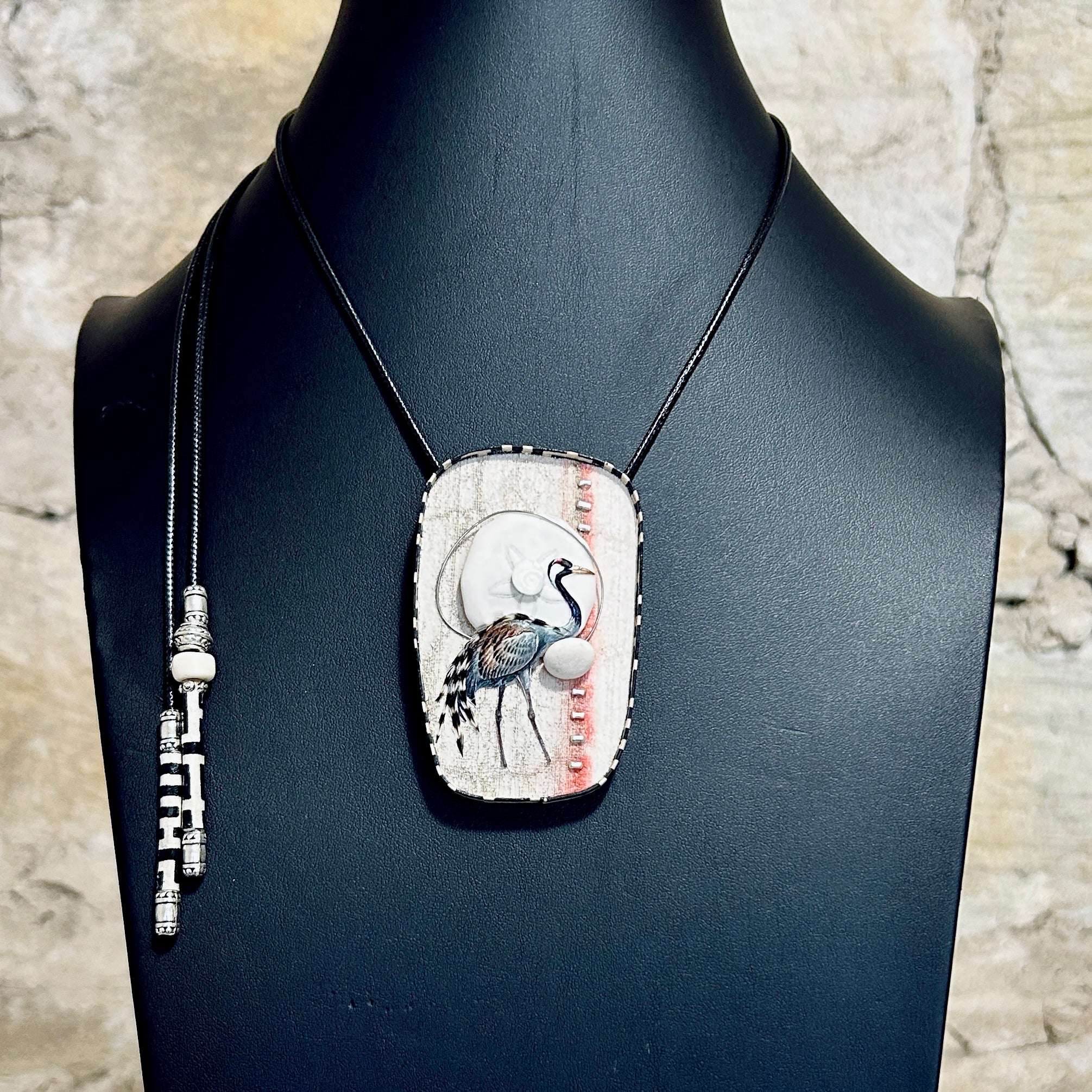 Waterbird & Shell Collage Pendant Necklace Brooch: 5cm x 8cm