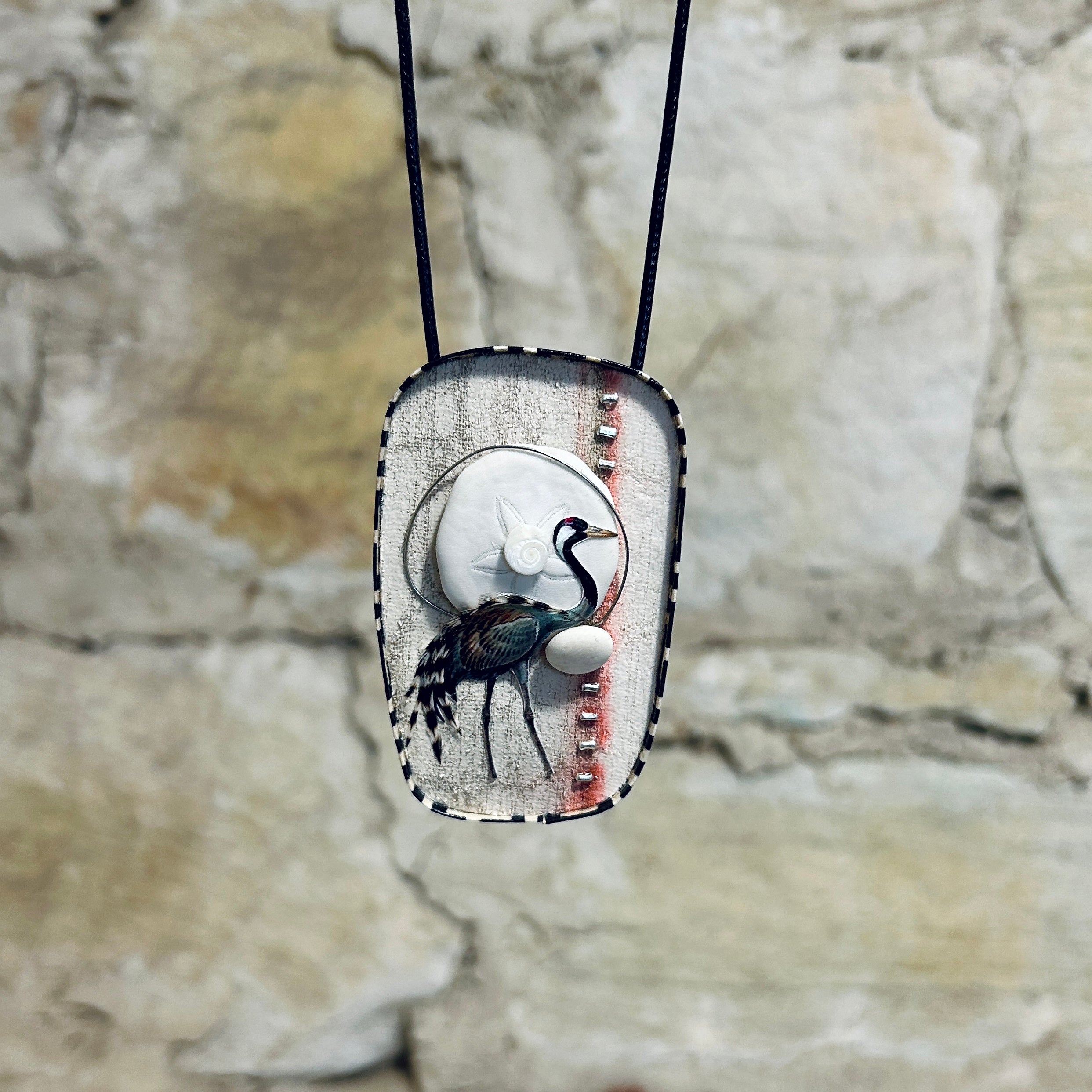 Waterbird & Shell Collage Pendant Necklace Brooch: 5cm x 8cm