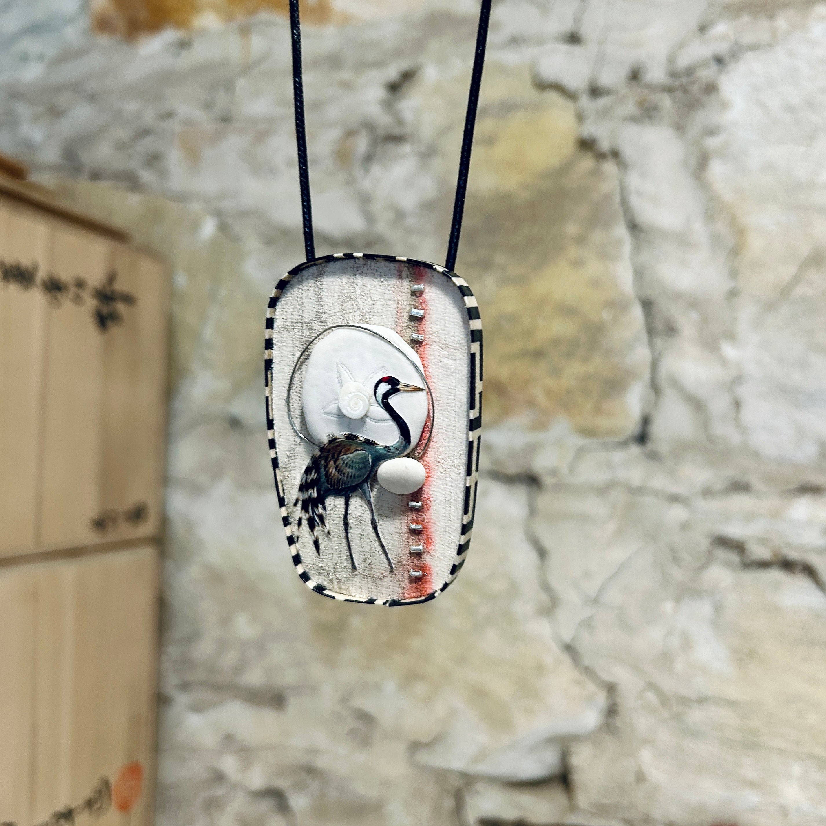 Waterbird & Shell Collage Pendant Necklace Brooch: 5cm x 8cm